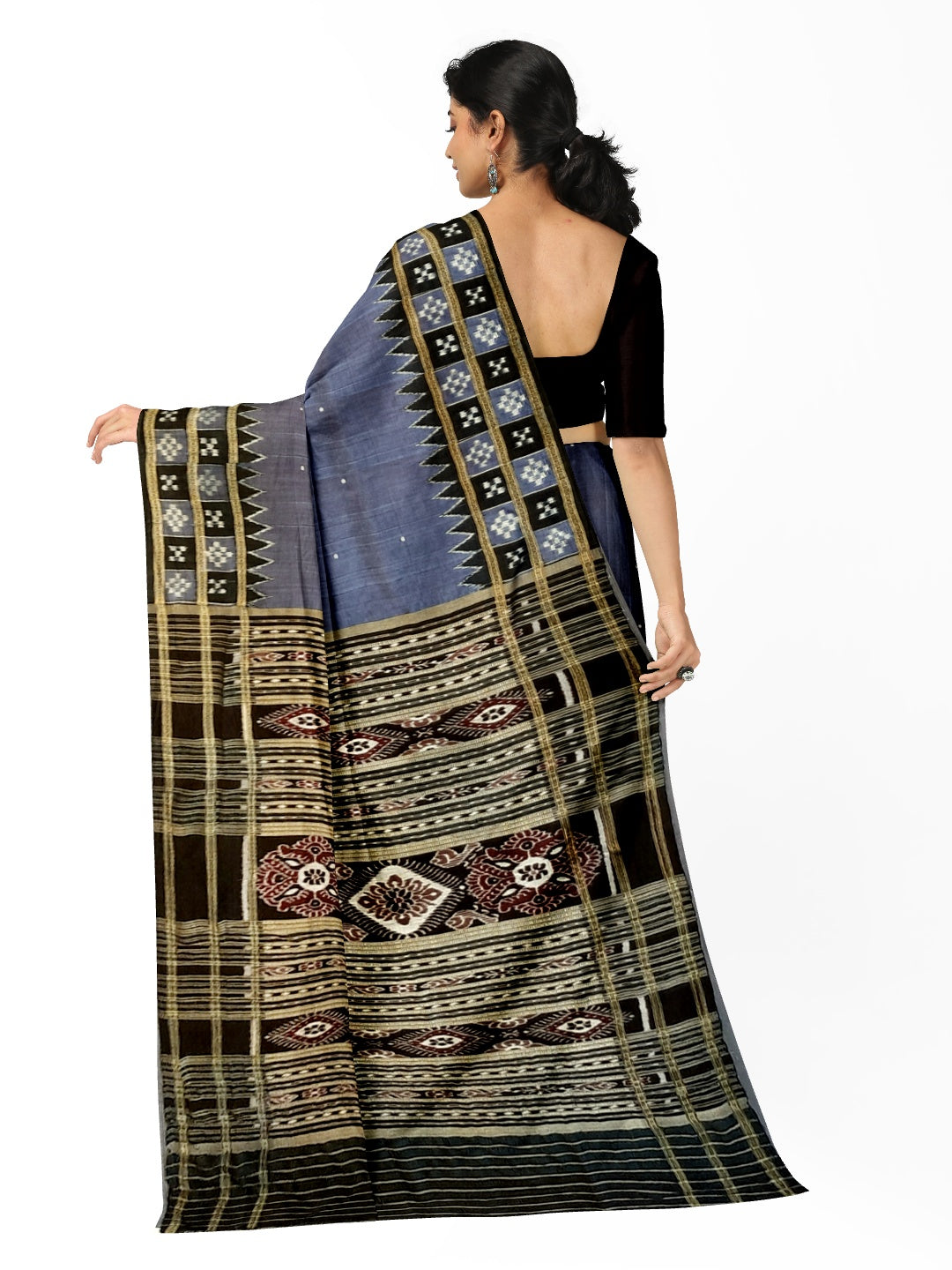 Grey with Black Odisha Khandua Silk Saree with double border Pasapalli design