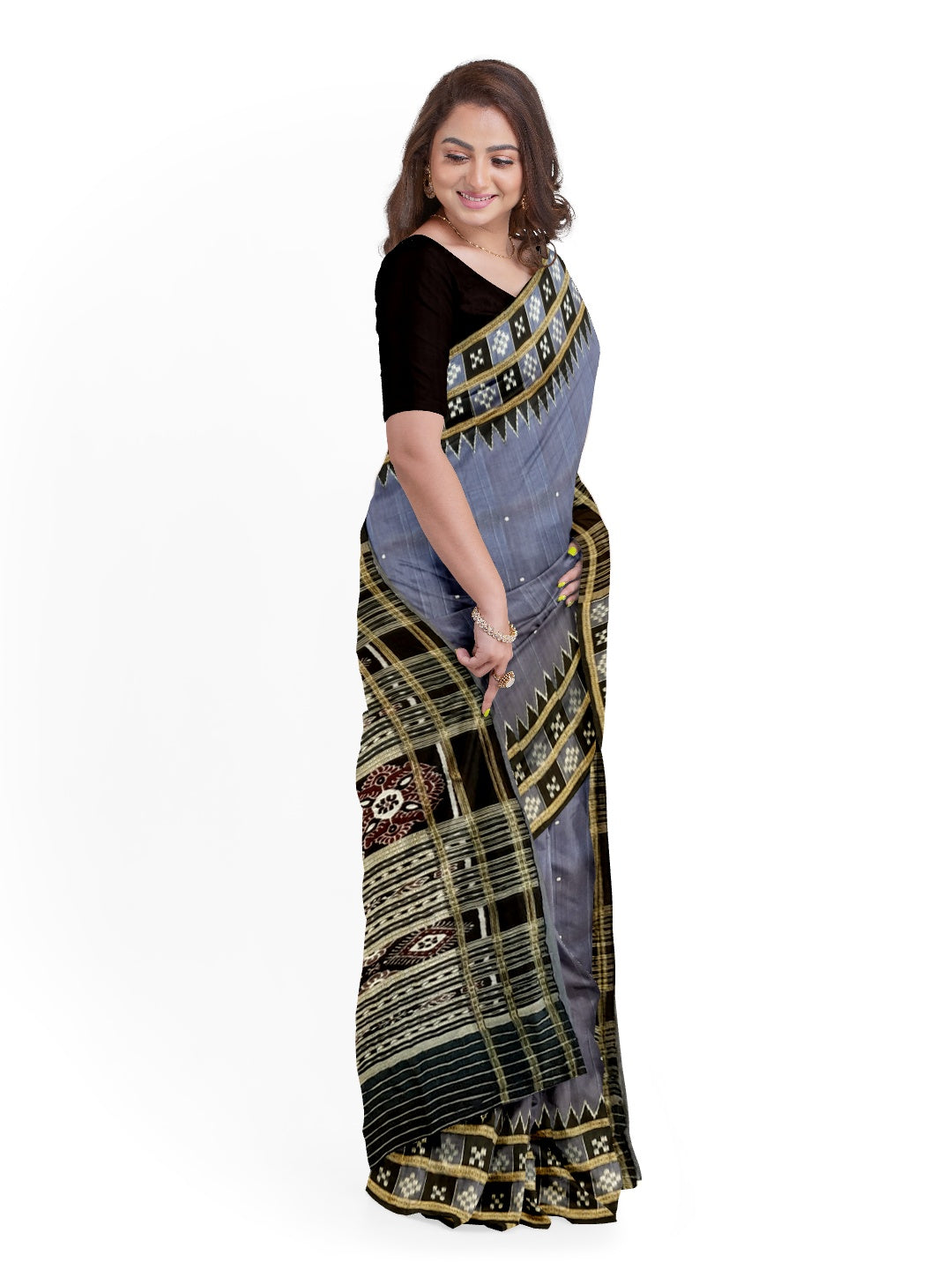 Grey with Black Odisha Khandua Silk Saree with double border Pasapalli design