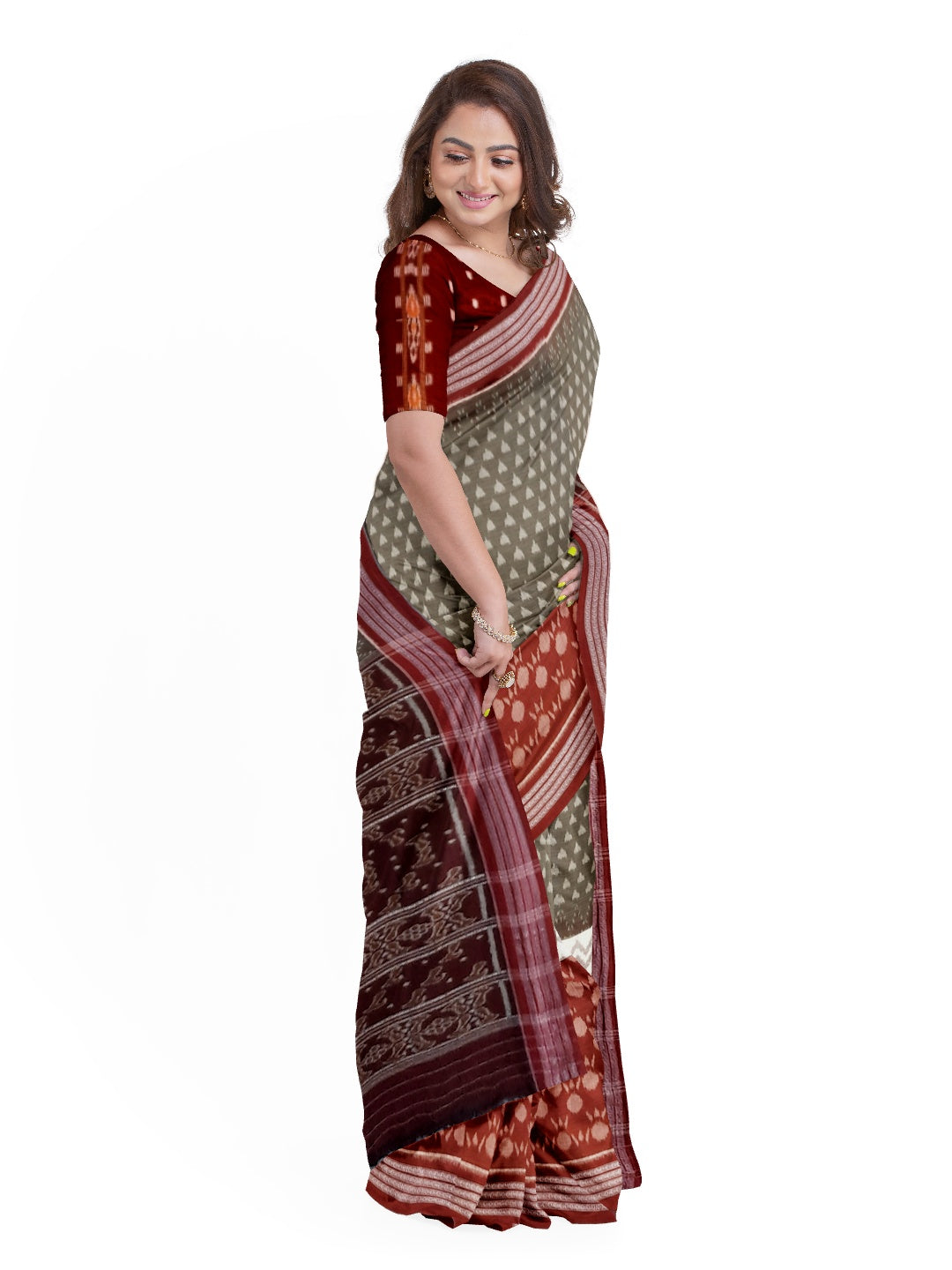 Grey wide border Odisha Ikat saree  with cotton ikat blouse
