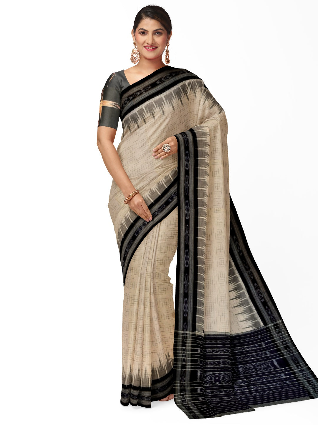 Beige Cotton Odisha Ikat saree  with mix match cotton ikat blouse piece
