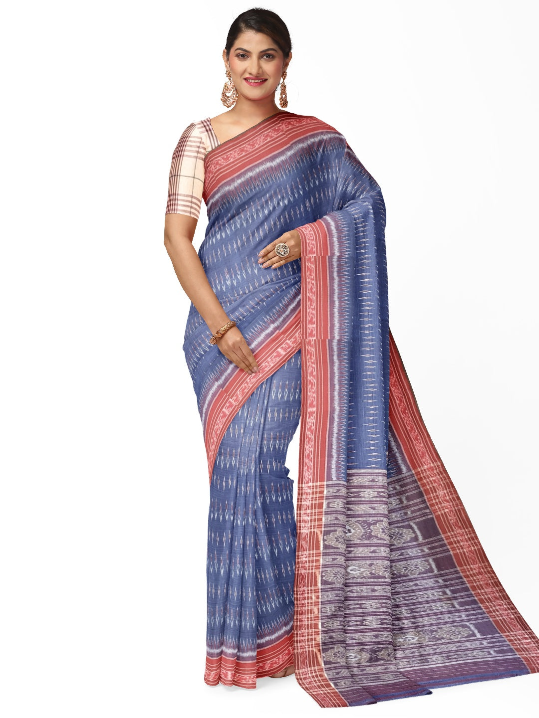 Blue and Red Cotton Odisha Ikat saree  with mix match cotton ikat blouse piece