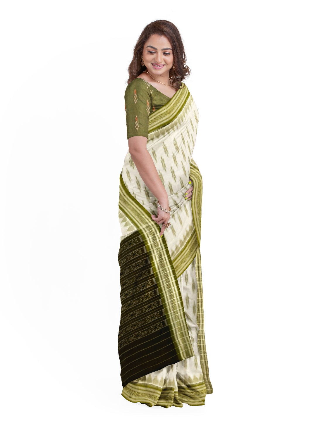Off-white with Olive-Green Cotton Odisha Ikat saree with cotton Sambalpuri ikat blouse piece
