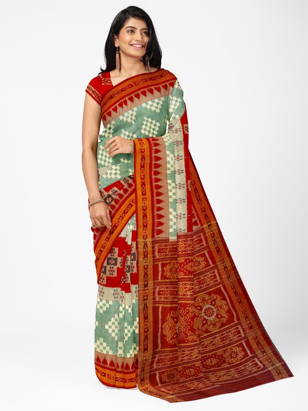Green Maroon Cotton Odisha Ikat Pasapalli pattern saree  with mix match cotton ikat blouse