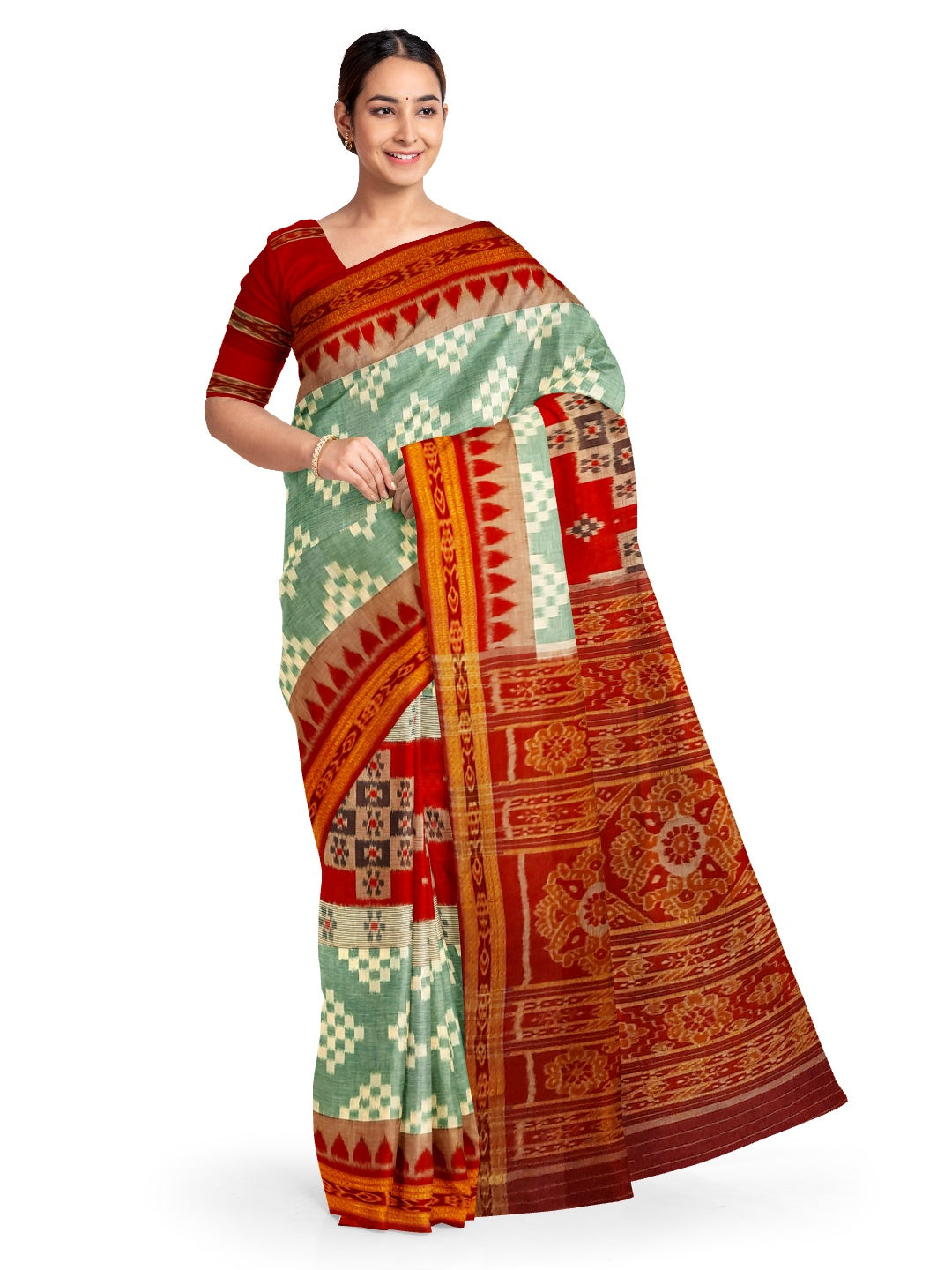 Green Maroon Cotton Odisha Ikat Pasapalli pattern saree  with mix match cotton ikat blouse