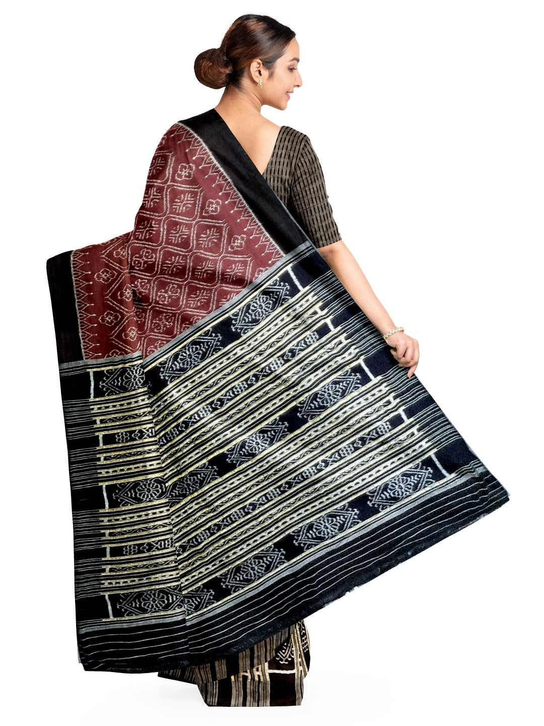 Maroon and Black Patli design cotton Sambalpuri Ikat Saree with mix match Sambalpuri ikat blouse piece