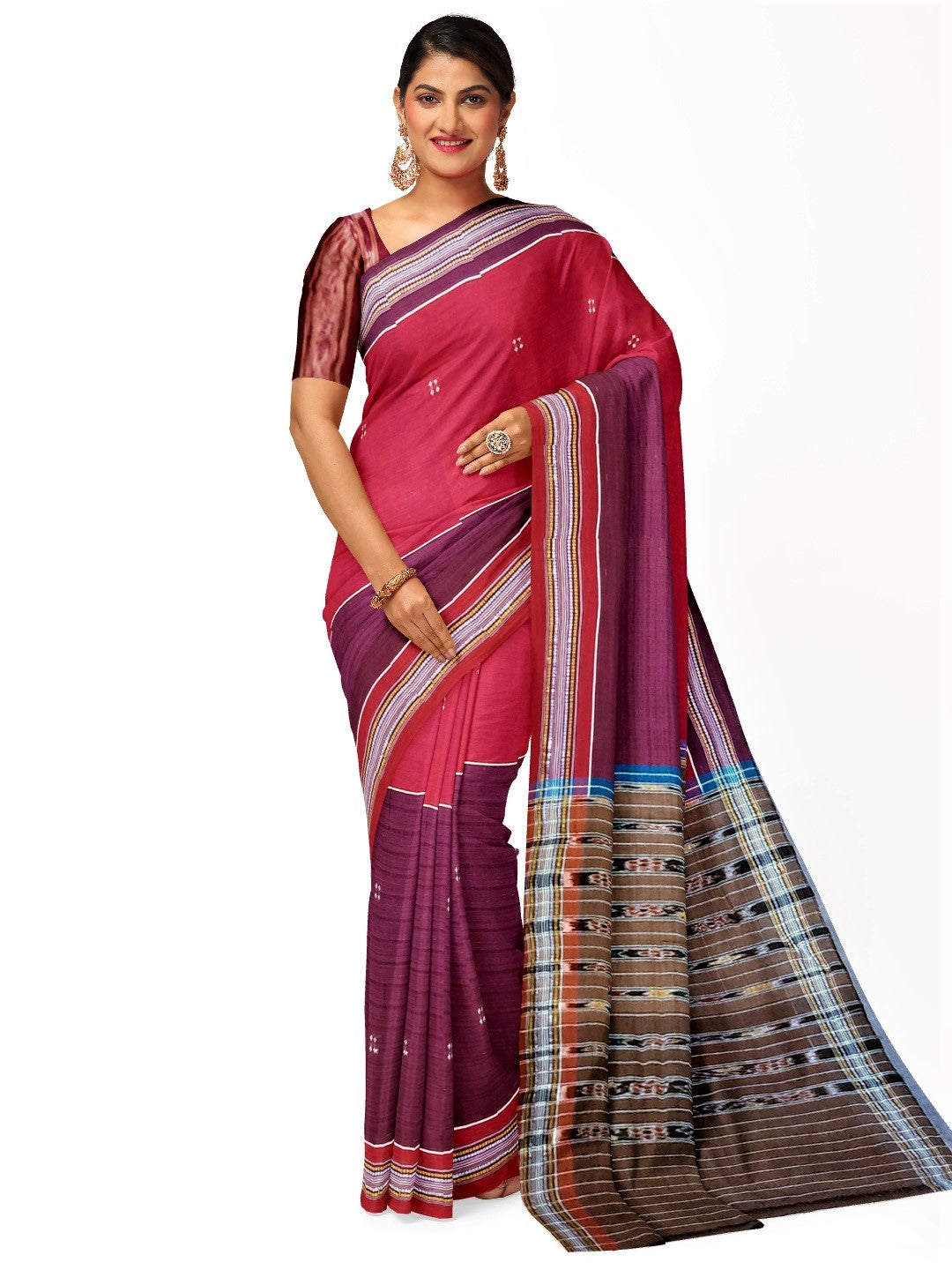 Pink Purple half half Odisha Ikat saree  with mix match cotton ikat blouse