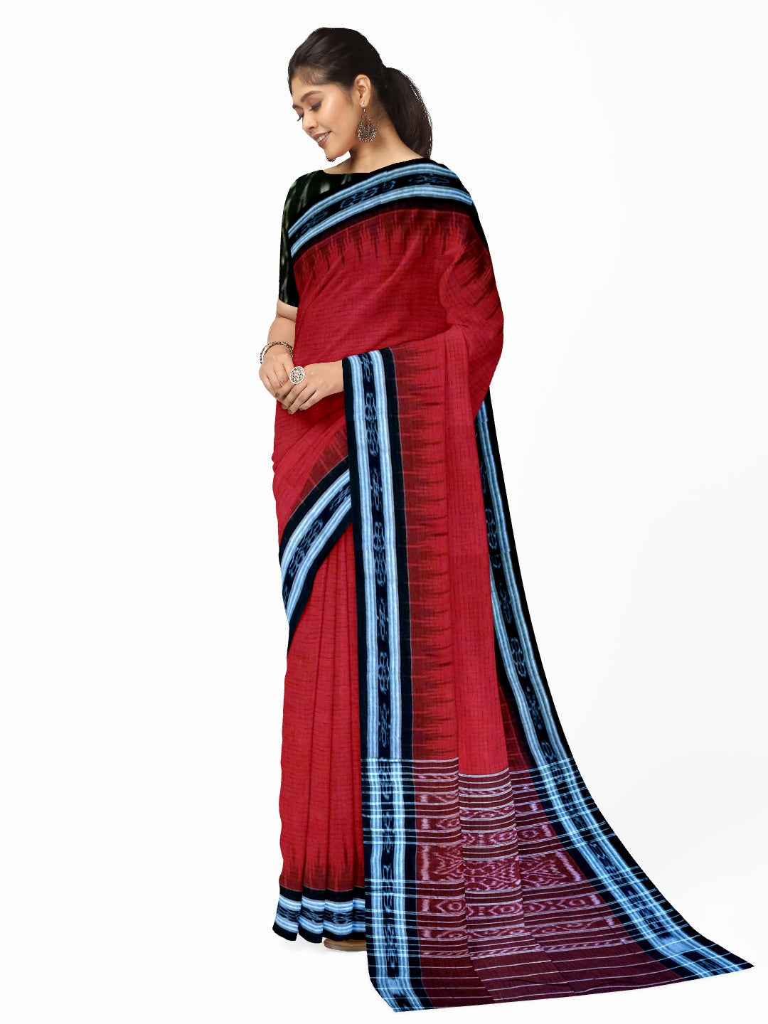 Red Cotton Odisha Ikat saree  with mix match cotton ikat blouse piece