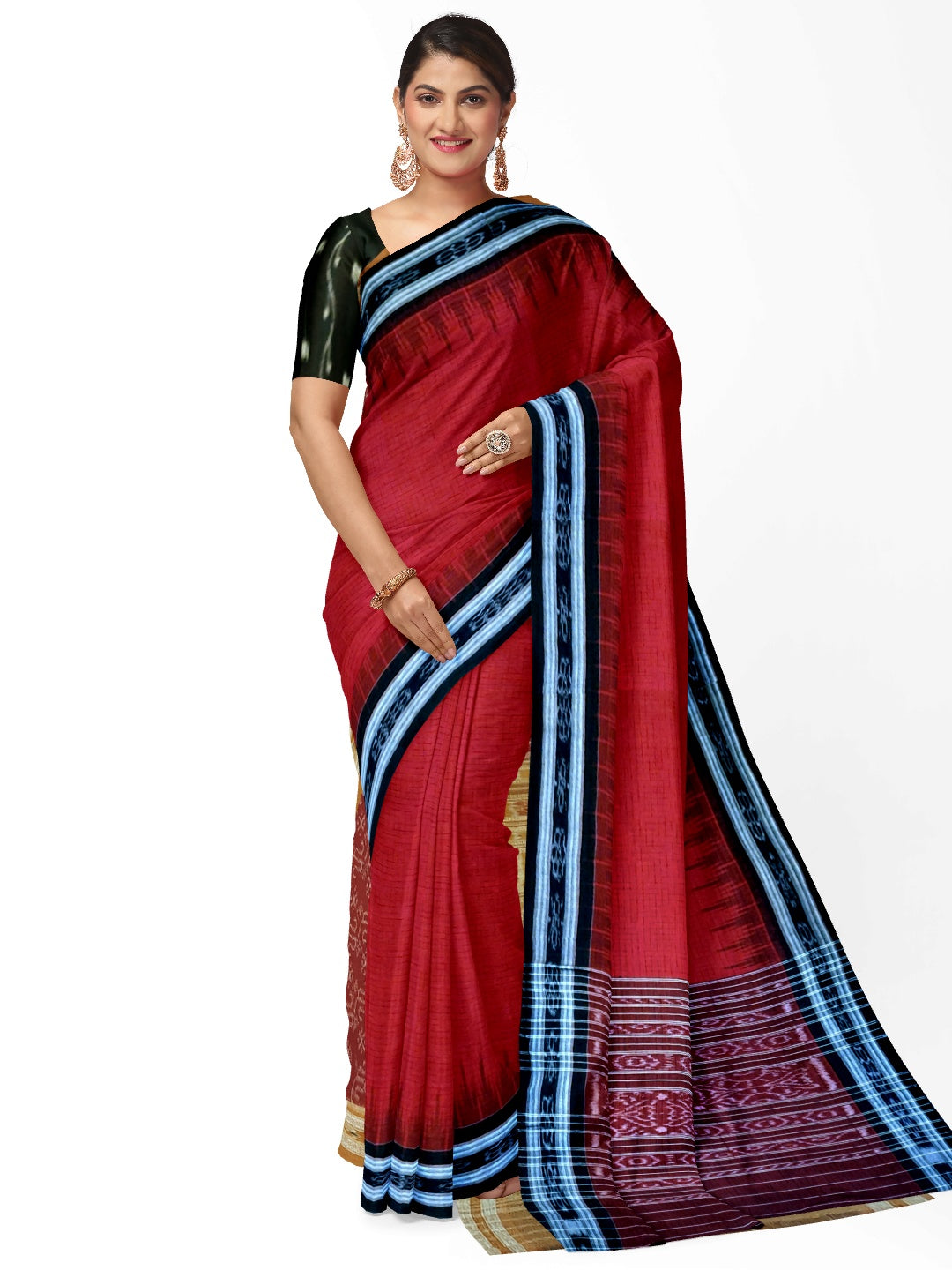 Red Cotton Odisha Ikat saree  with mix match cotton ikat blouse piece