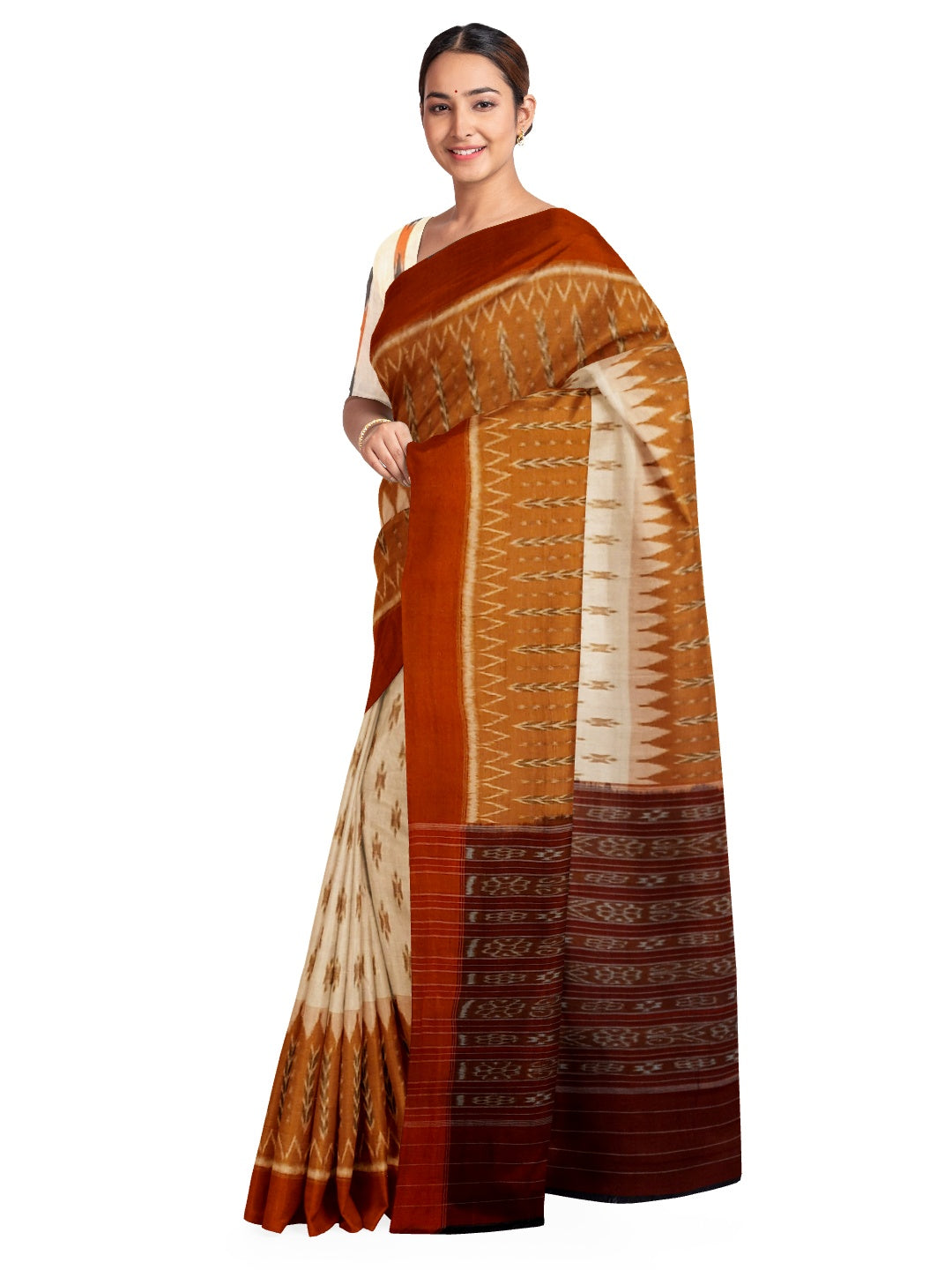 Beige Rust Orange combination Odisha Ikat saree  with cotton ikat blouse