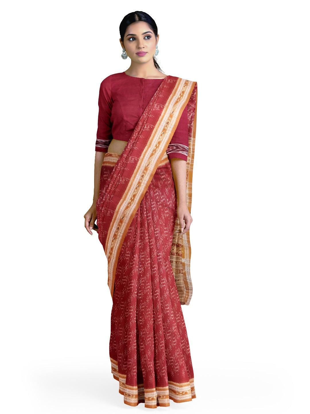 Maroon and Rust Cotton Odisha Ikat saree  with mix match cotton ikat blouse piece