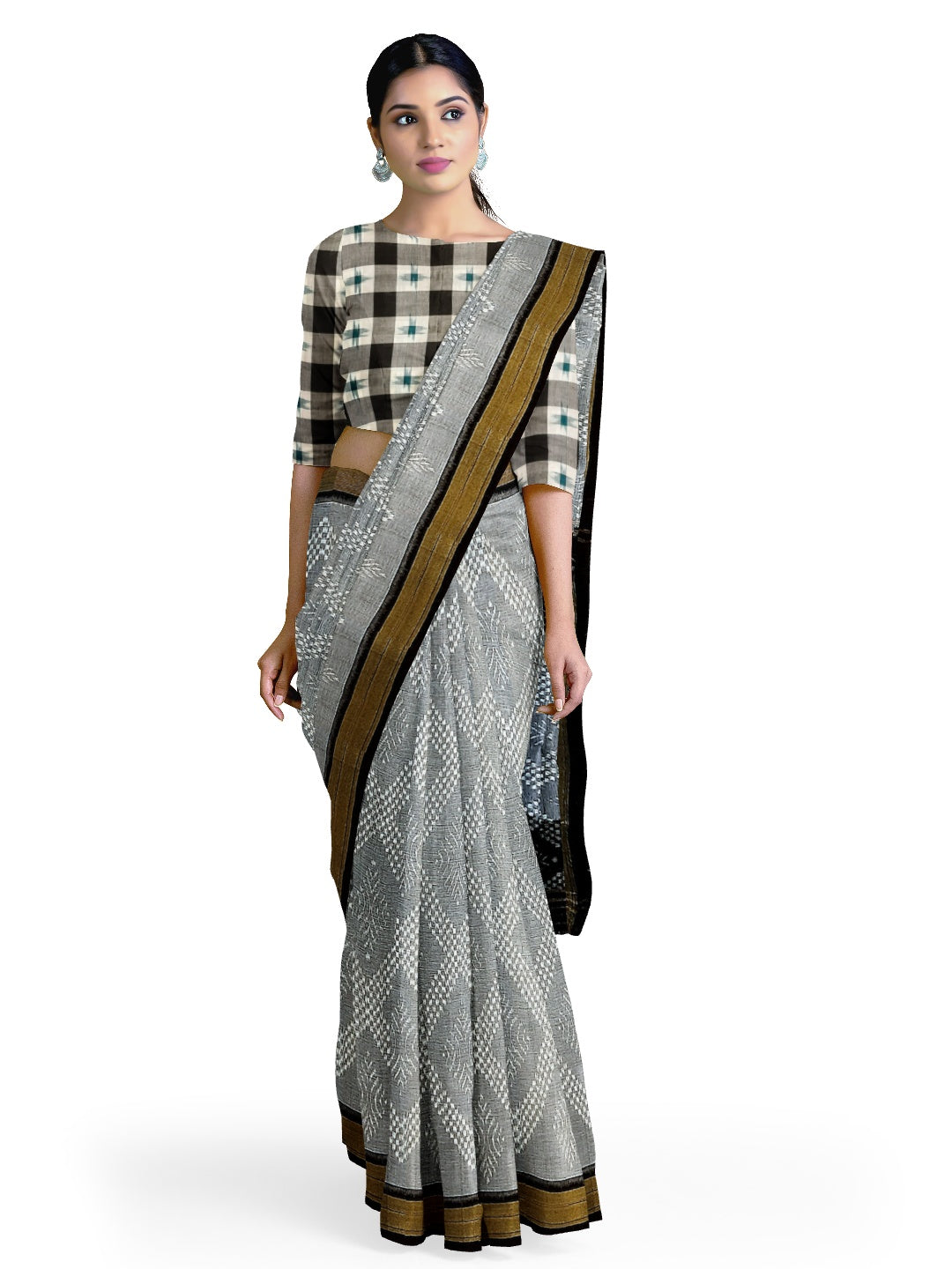 Grey and Black Sambalpuri Cotton Saree with Cotton pasapalli blouse