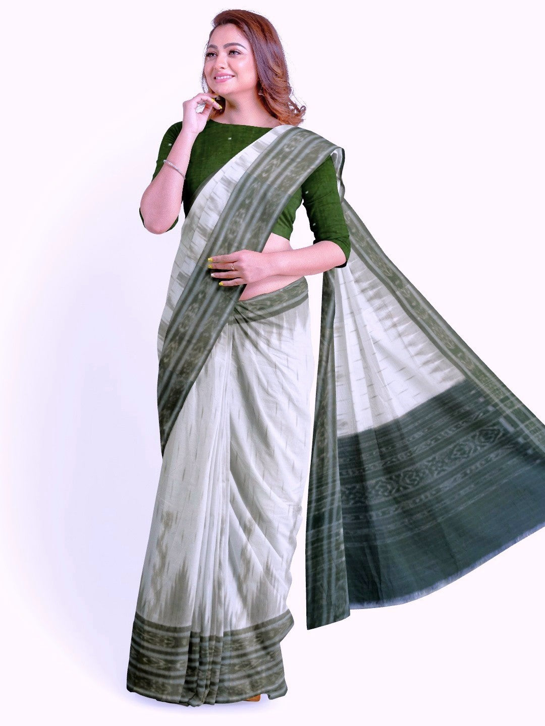 White wide border Cotton Odisha Ikat saree with mix match cotton ikat blouse