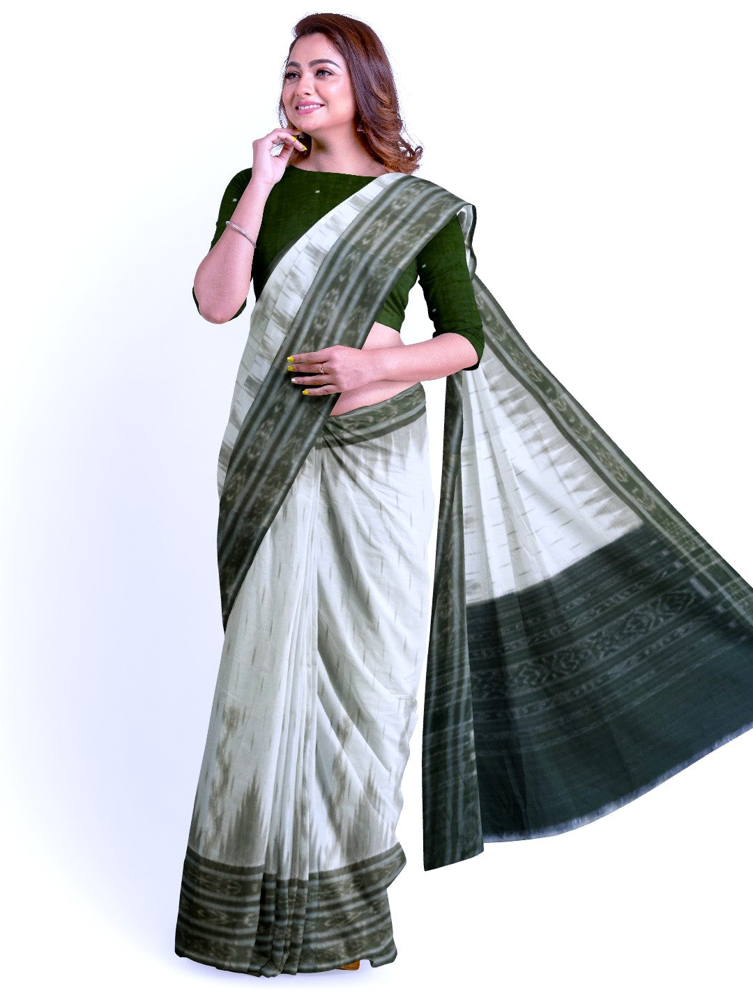 White wide border Cotton Odisha Ikat saree with mix match cotton ikat blouse