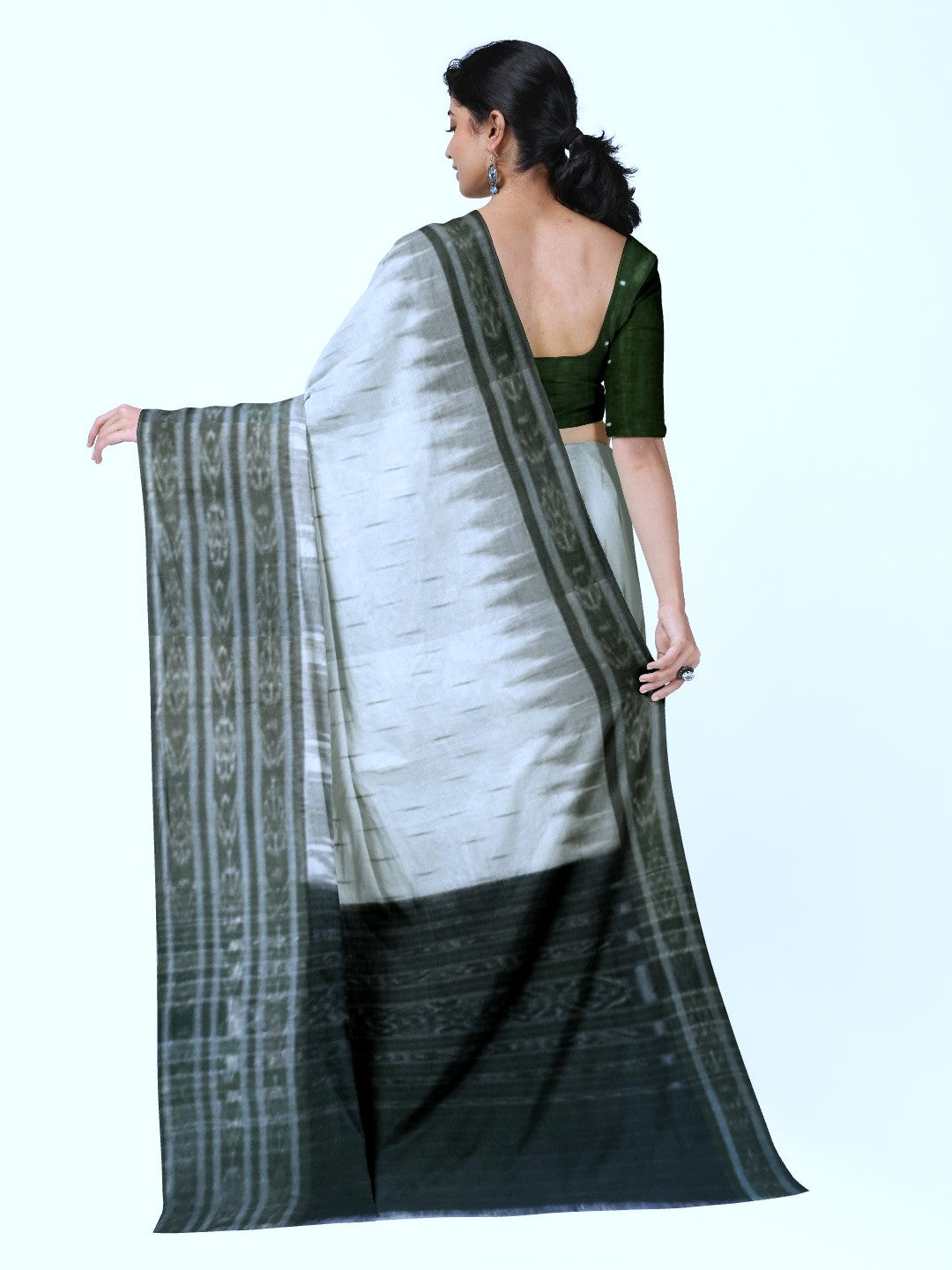 White wide border Cotton Odisha Ikat saree with mix match cotton ikat blouse