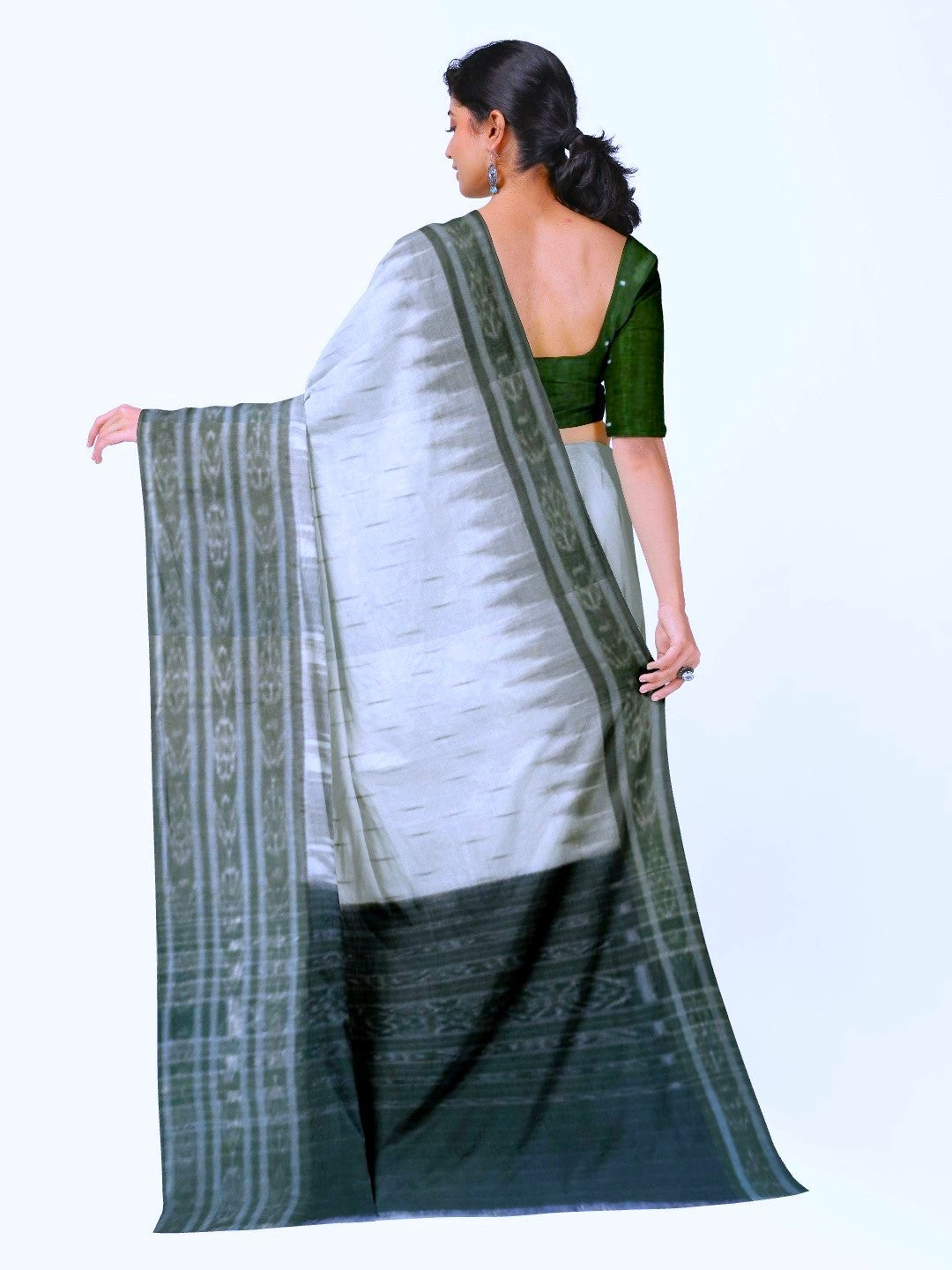 White wide border Cotton Odisha Ikat saree with mix match cotton ikat blouse