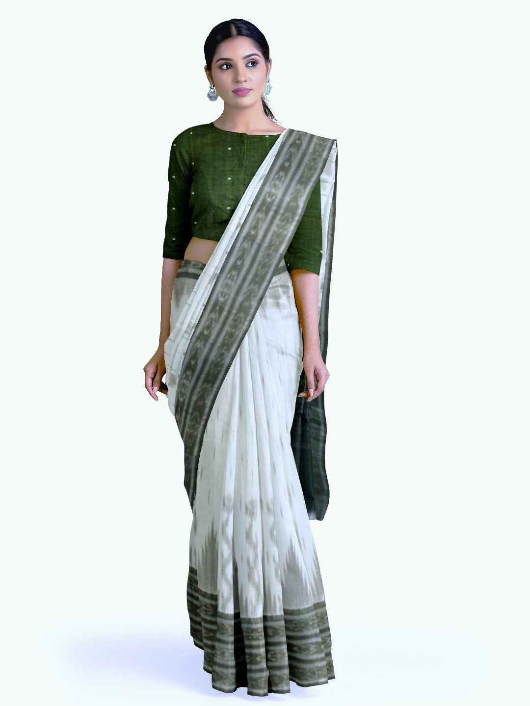 White wide border Cotton Odisha Ikat saree with mix match cotton ikat blouse