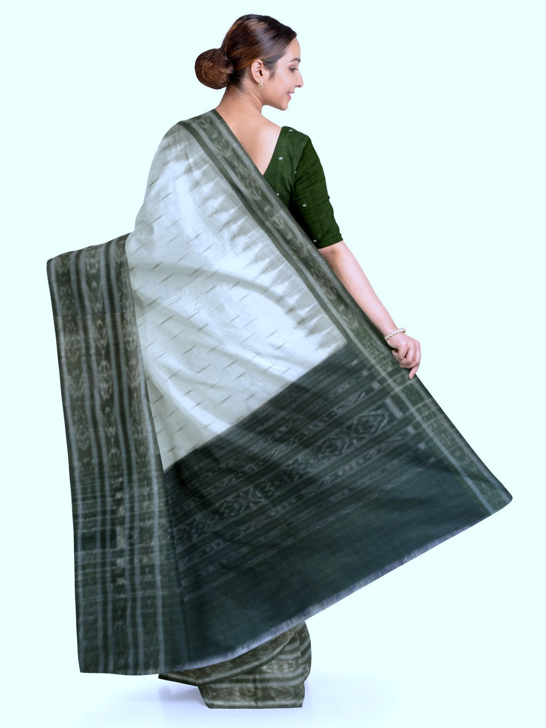 White wide border Cotton Odisha Ikat saree with mix match cotton ikat blouse