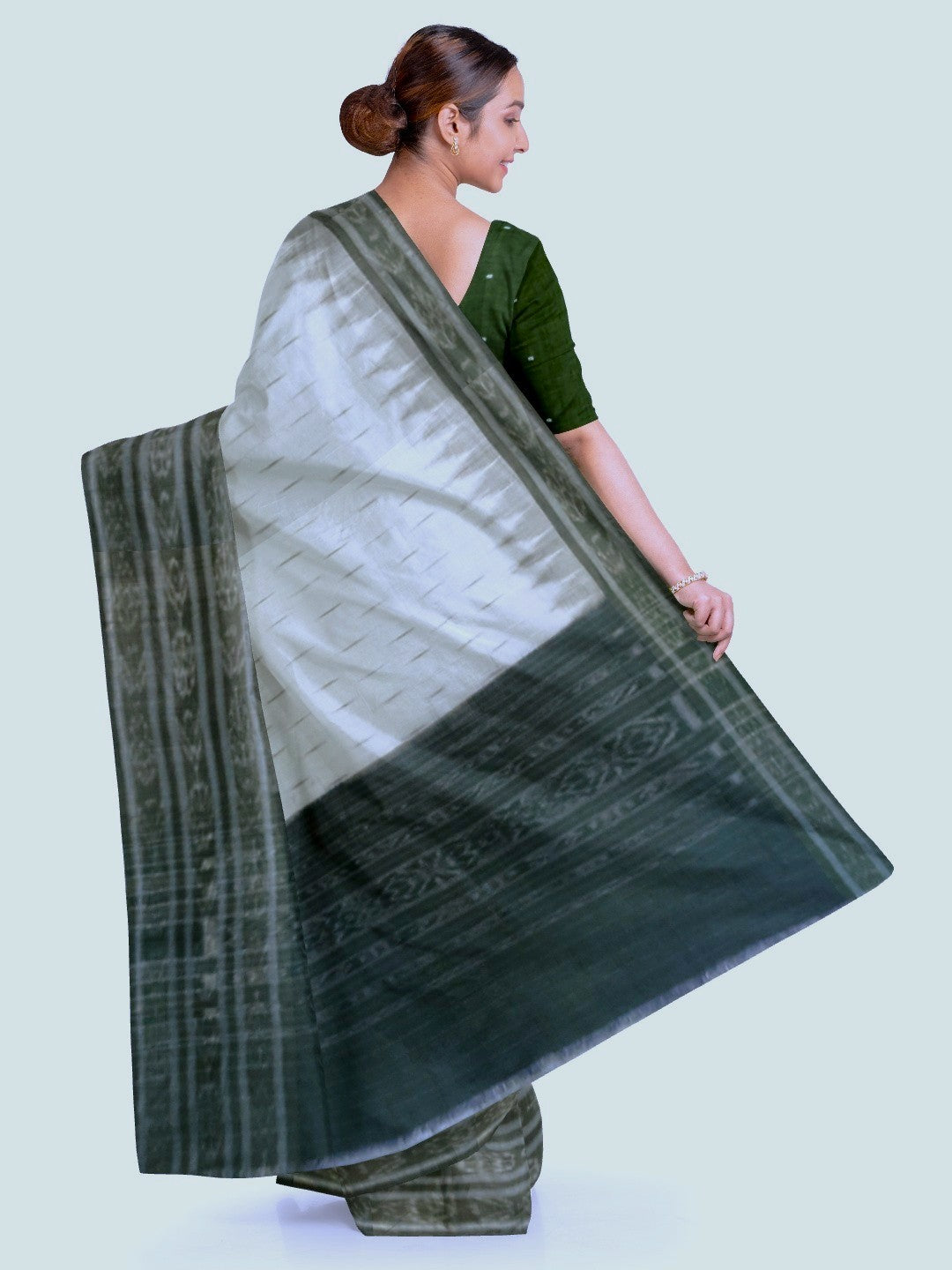 White wide border Cotton Odisha Ikat saree with mix match cotton ikat blouse