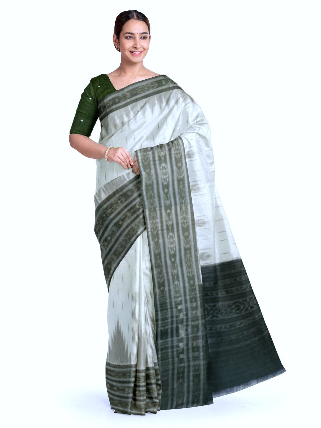 White wide border Cotton Odisha Ikat saree with mix match cotton ikat blouse