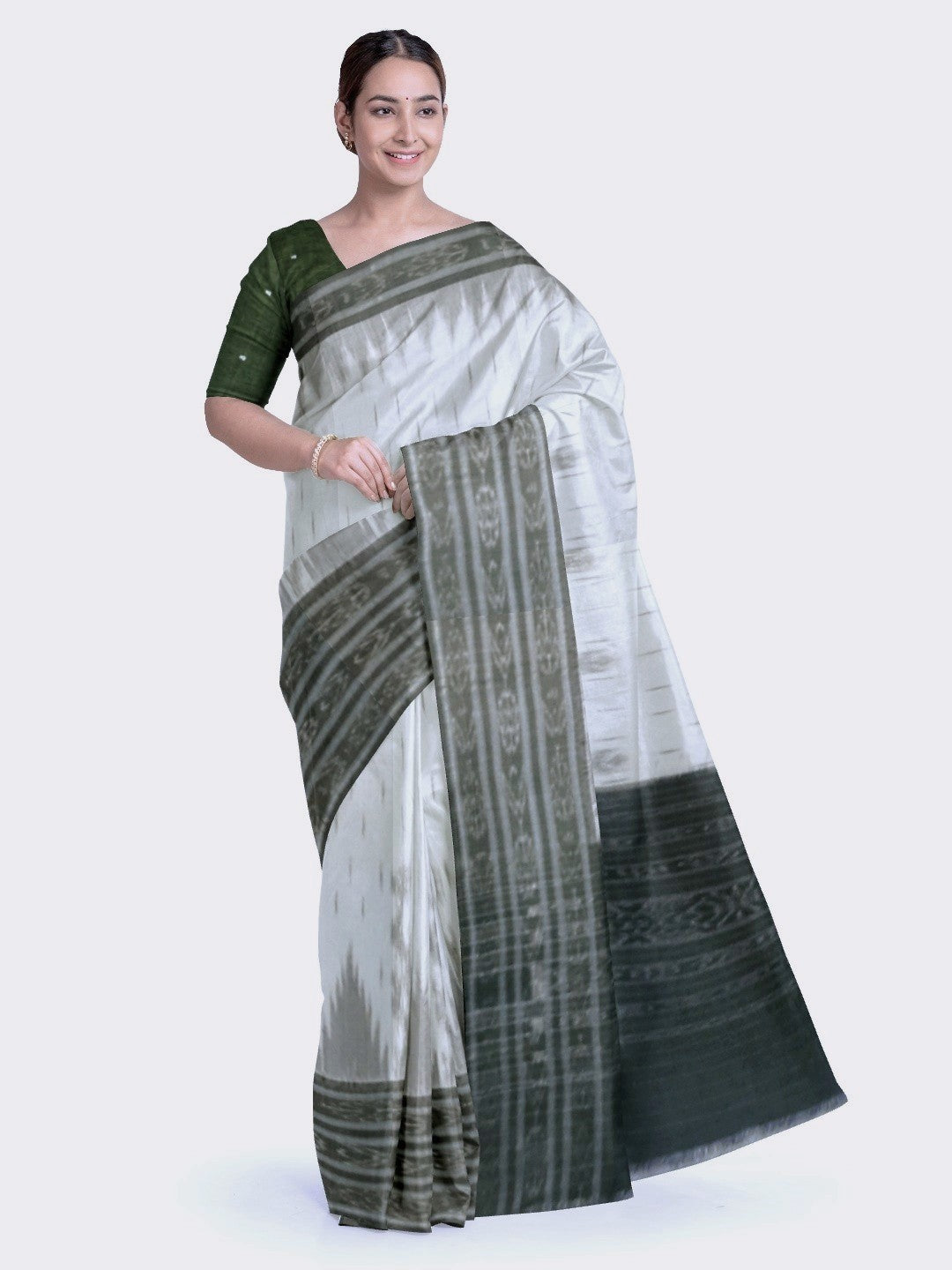 White wide border Cotton Odisha Ikat saree with mix match cotton ikat blouse