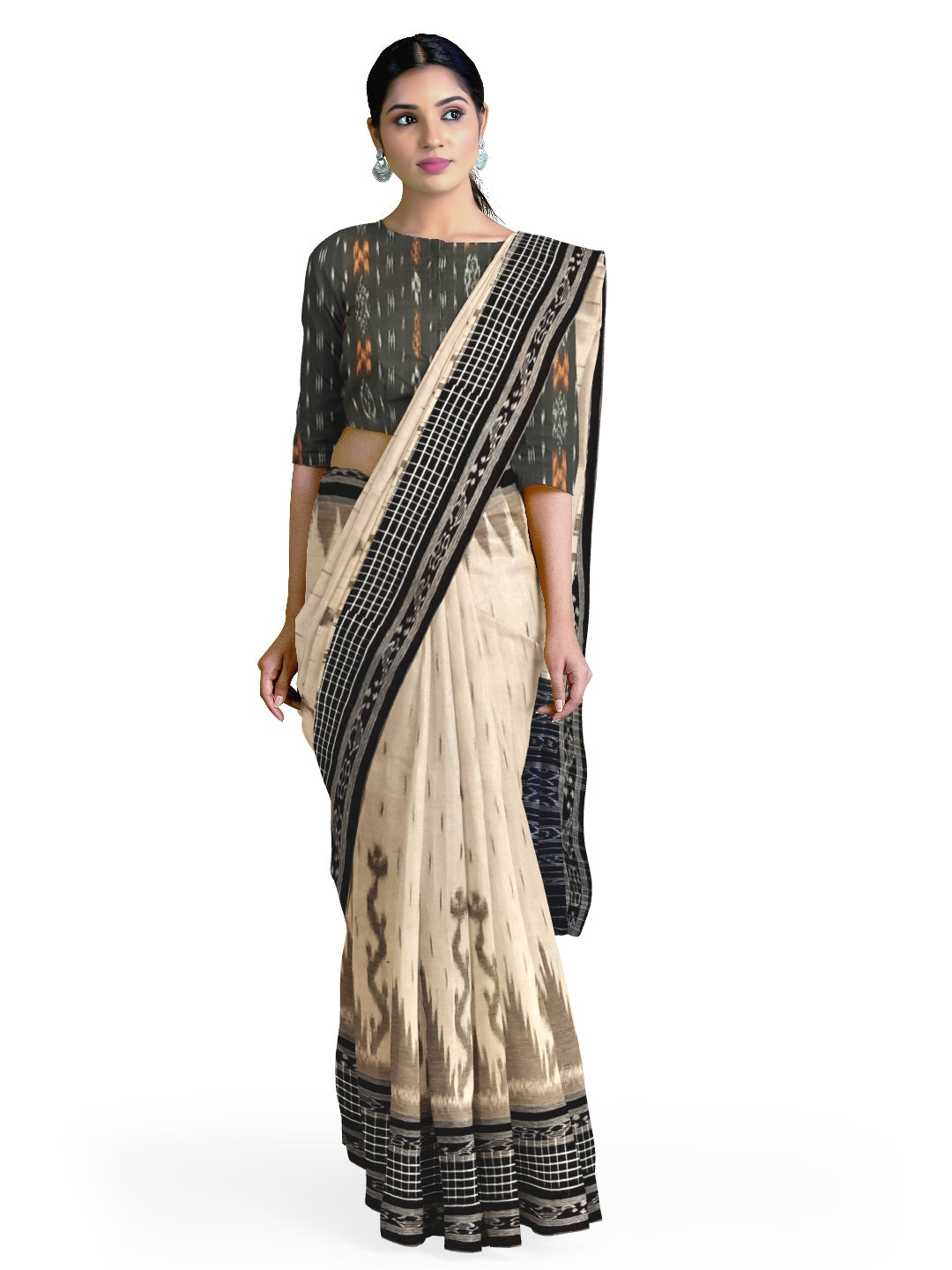 Off-white wide border Cotton Odisha Ikat saree with cotton Sambalpuri ikat blouse piece