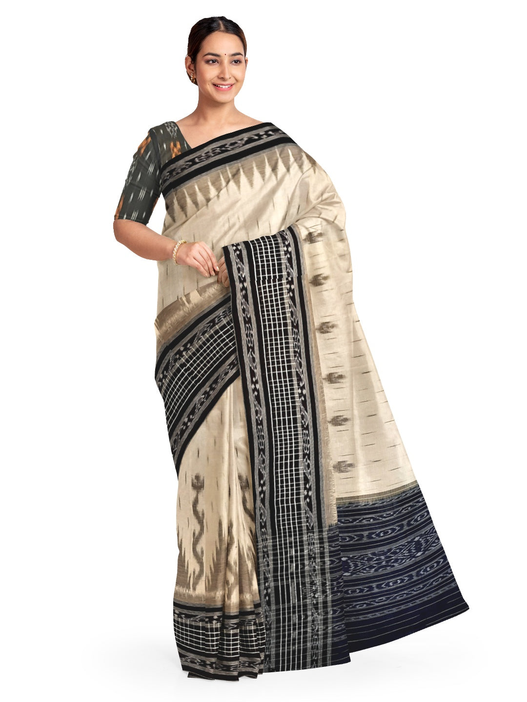 Off-white wide border Cotton Odisha Ikat saree with cotton Sambalpuri ikat blouse piece