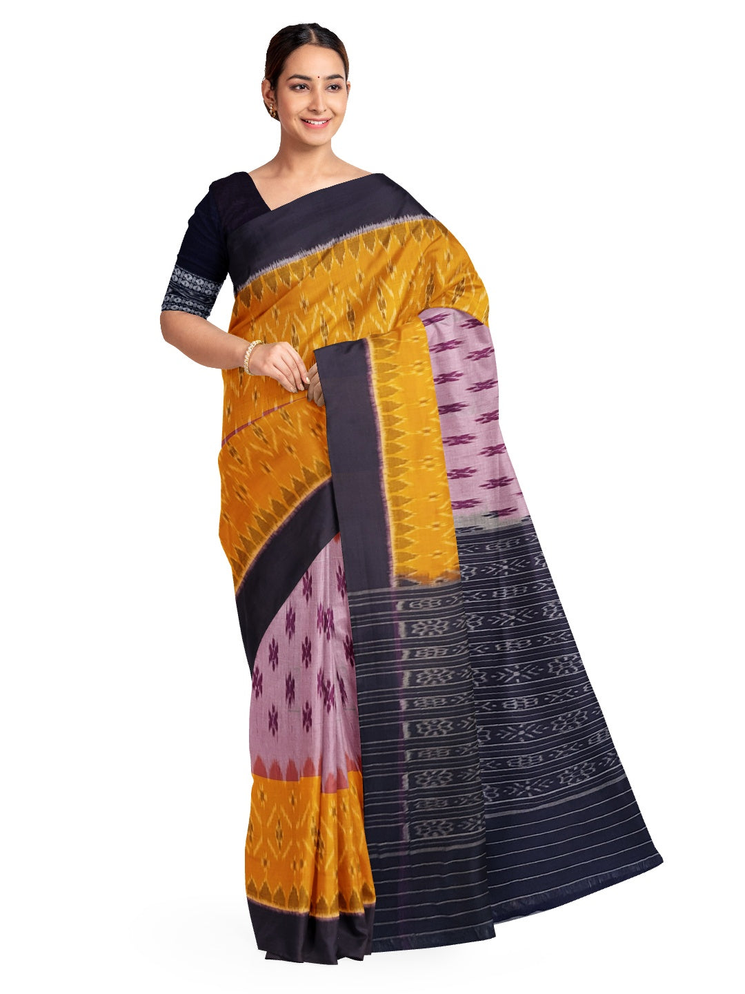 Yellow and Purple combination Odisha Ikat saree  with cotton ikat blouse