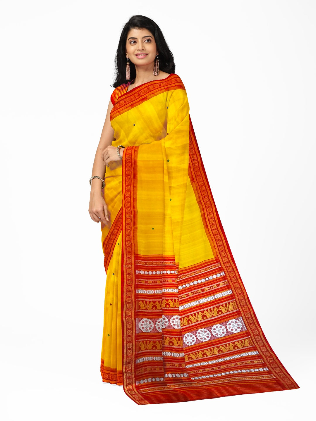 Yellow and Red Odisha Khandua Silk Saree with jala design anchal and running blouse piece