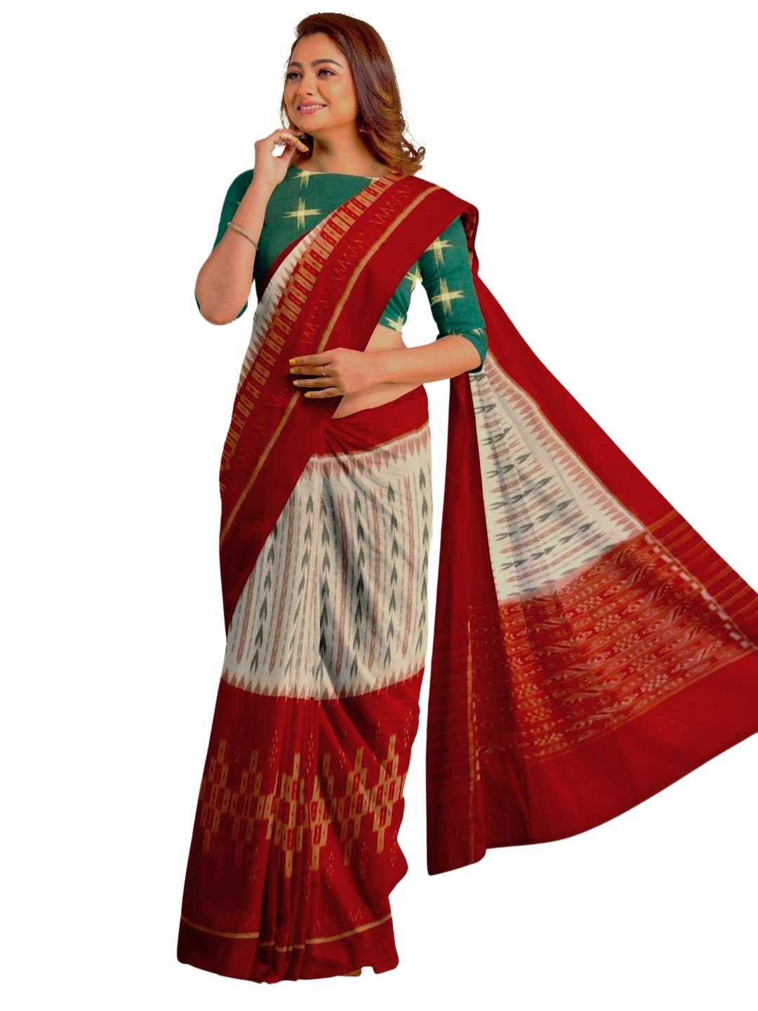 White and Red combination Odisha Ikat saree  with cotton ikat Pasapalli blouse piece