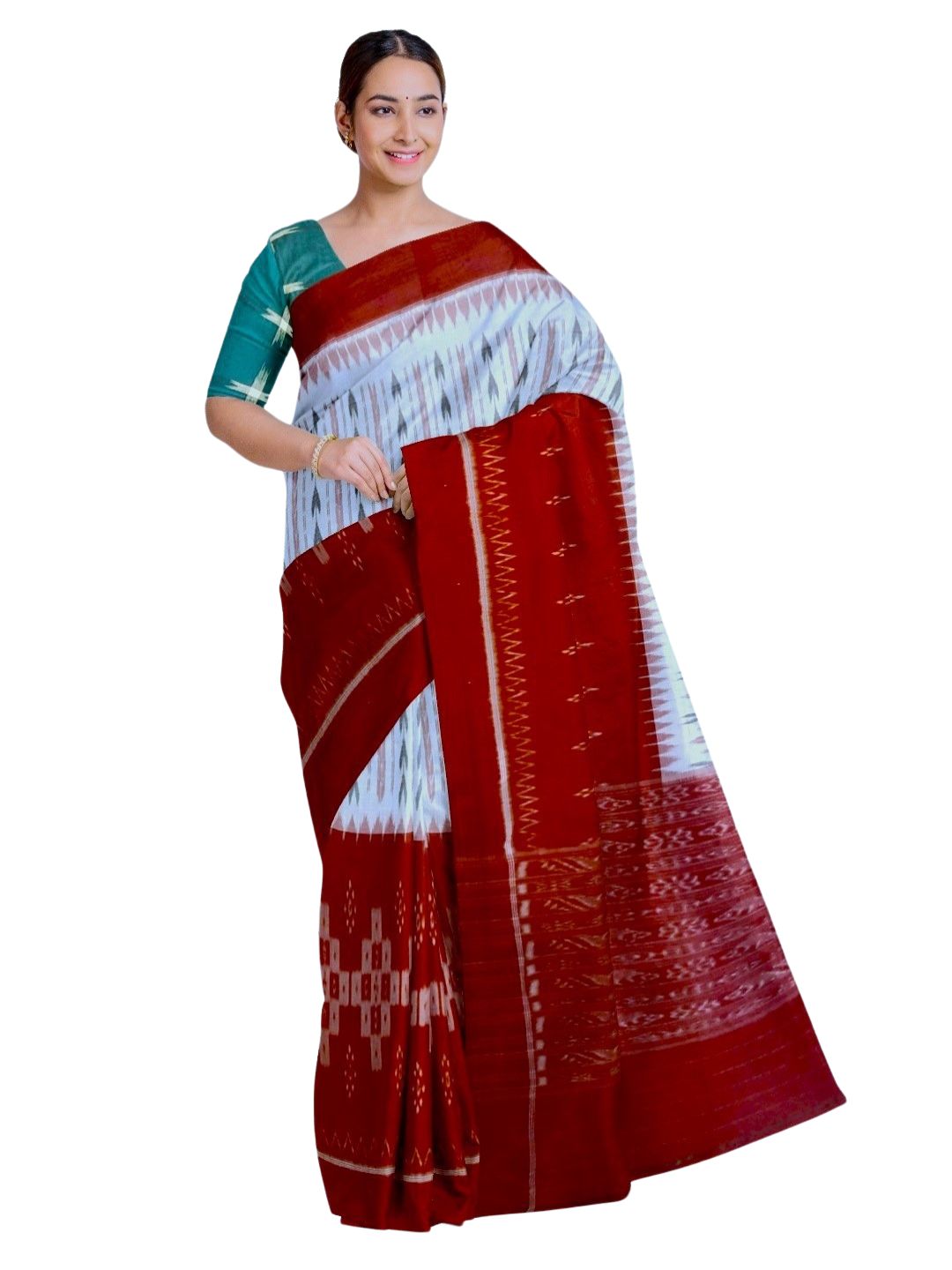 White and Red combination Odisha Ikat saree  with cotton ikat Pasapalli blouse piece