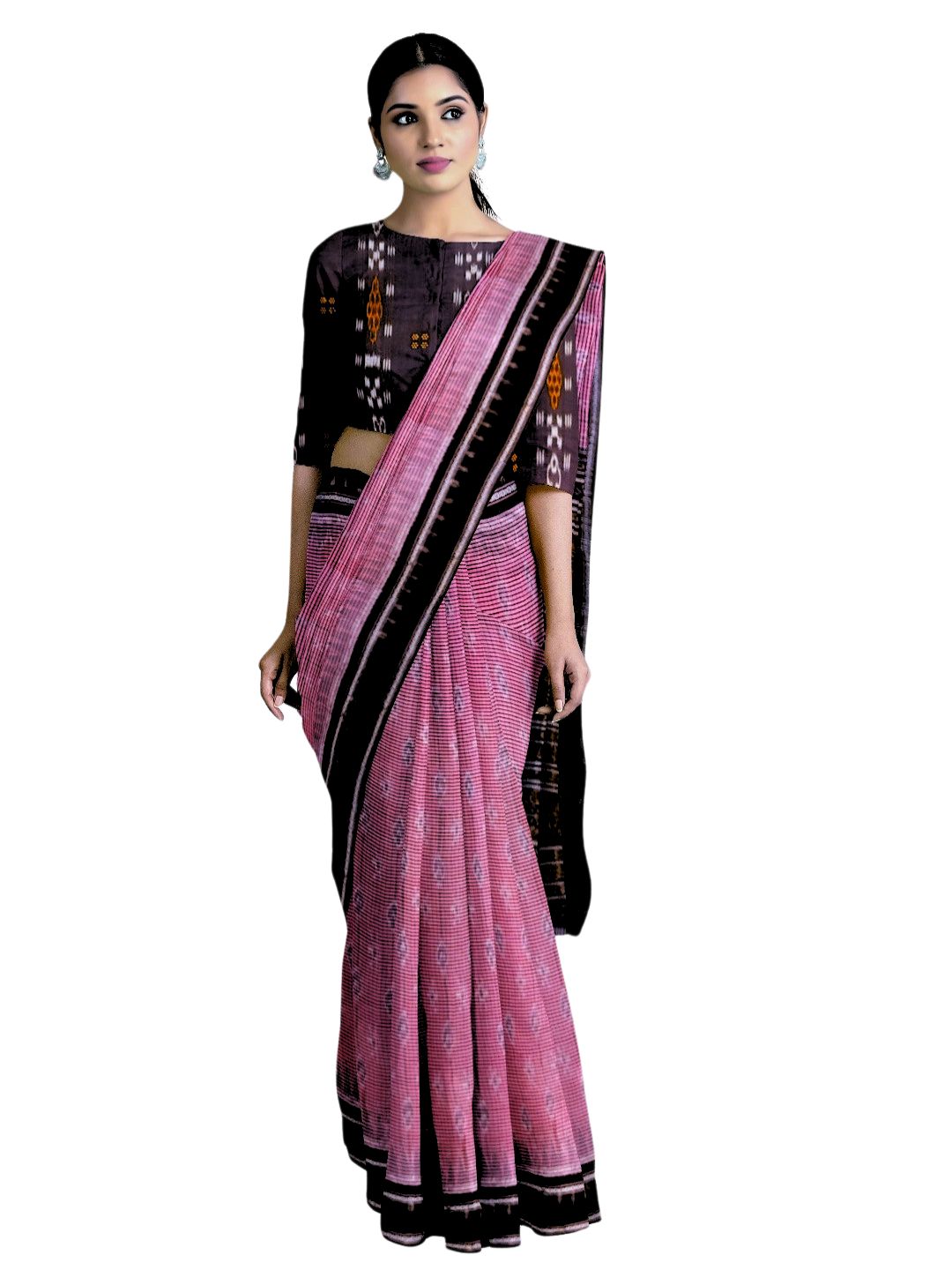 Pink and Black Odisha Ikat saree  with cotton ikat  blouse piece