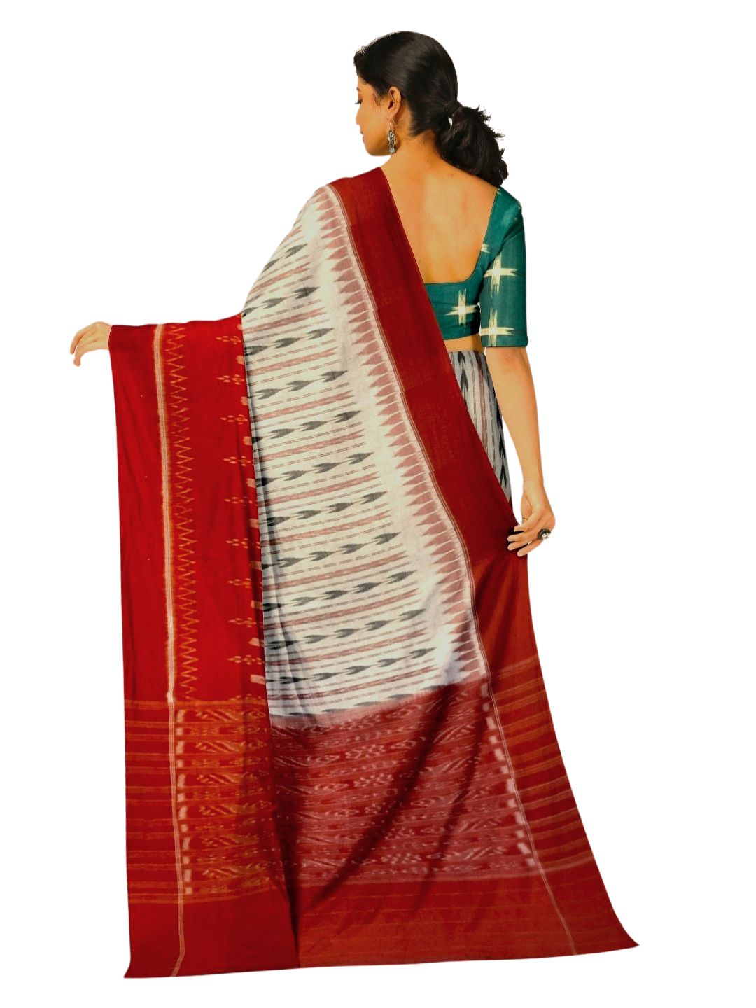 White and Red combination Odisha Ikat saree  with cotton ikat Pasapalli blouse piece