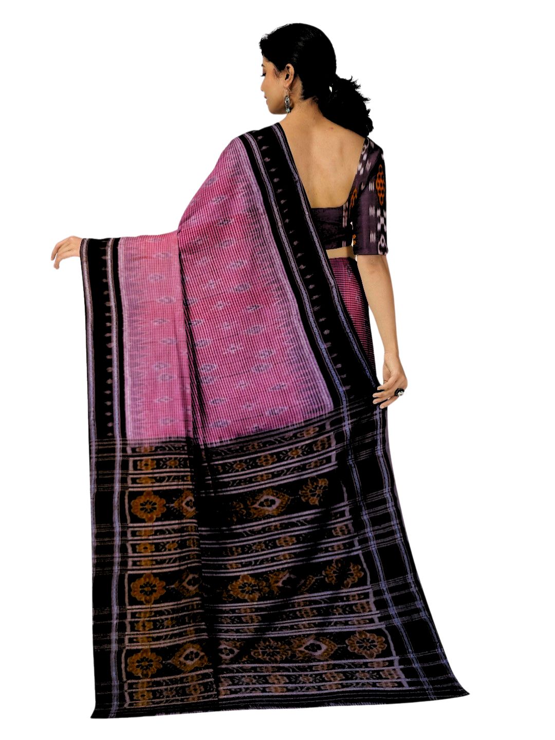 Pink and Black Odisha Ikat saree  with cotton ikat  blouse piece