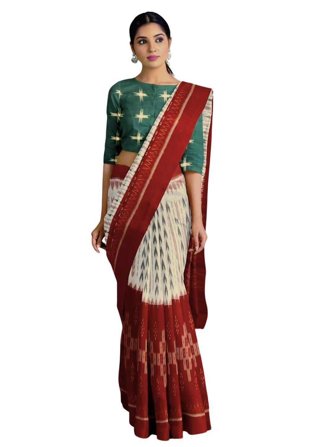 White and Red combination Odisha Ikat saree  with cotton ikat Pasapalli blouse piece