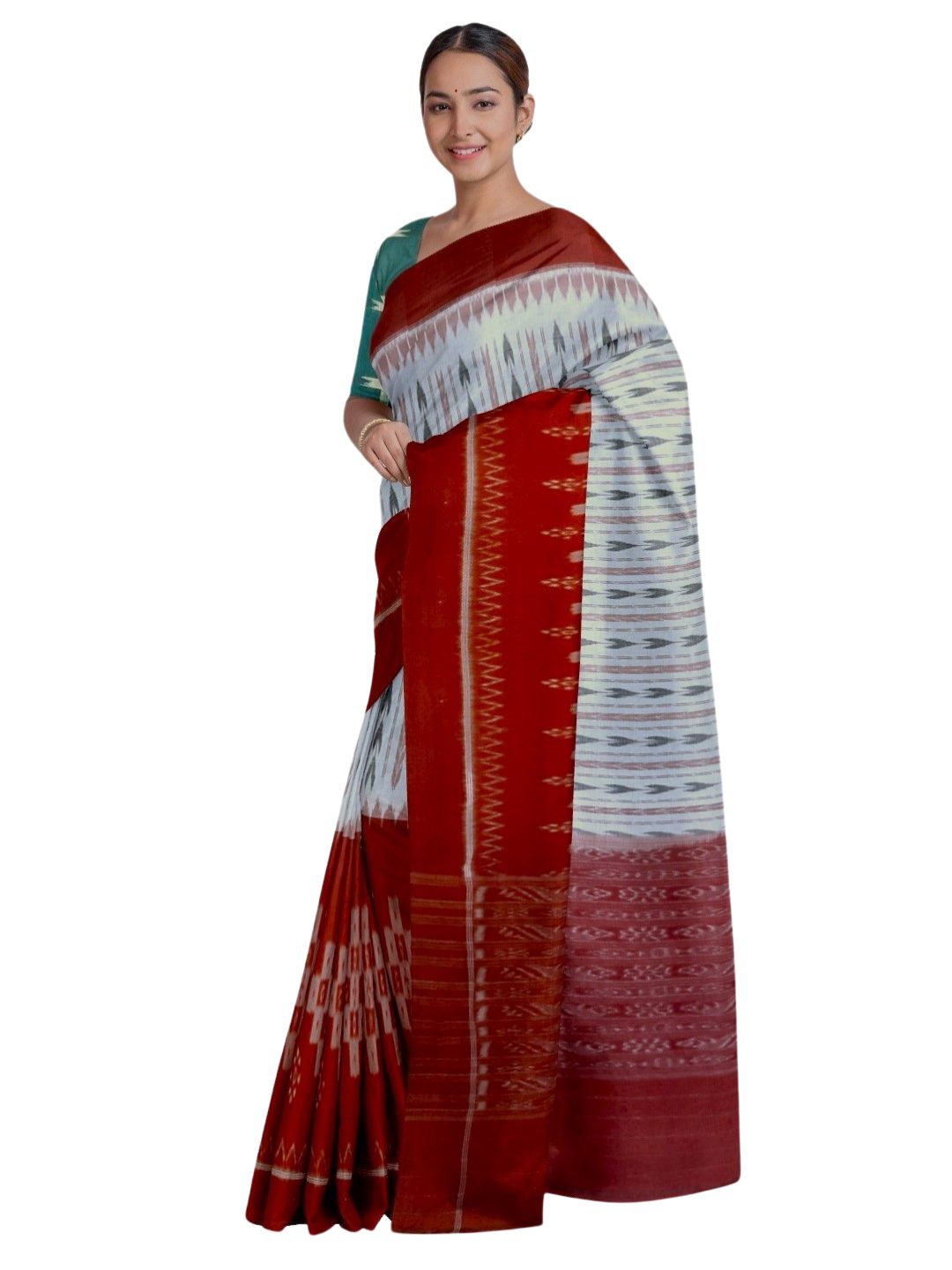 White and Red combination Odisha Ikat saree  with cotton ikat Pasapalli blouse piece