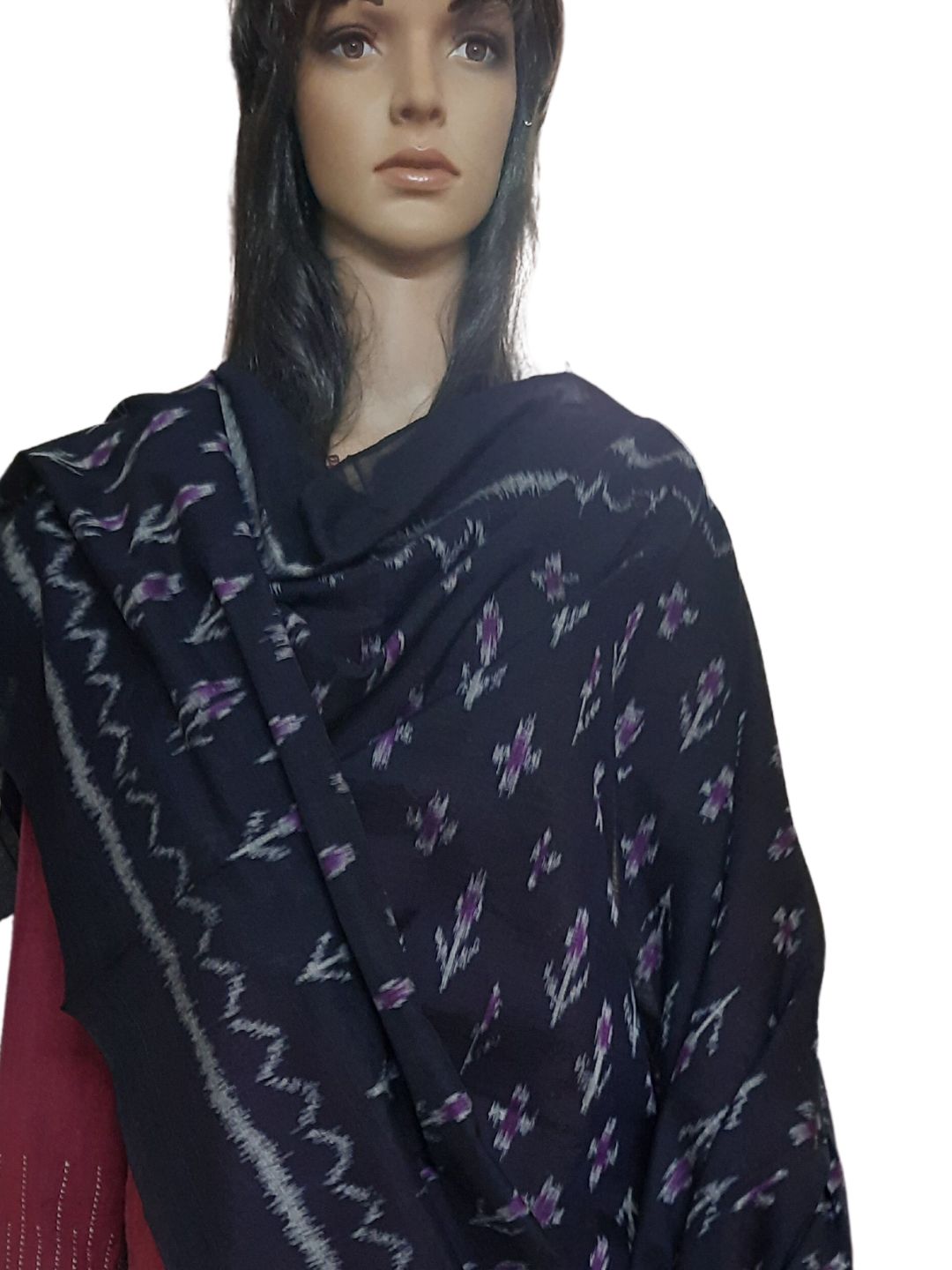 Black Cotton ikat Dupatta with woven motifs across body
