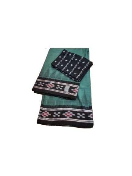 Green Black Odisha Ikat saree with cotton ikat blouse piece