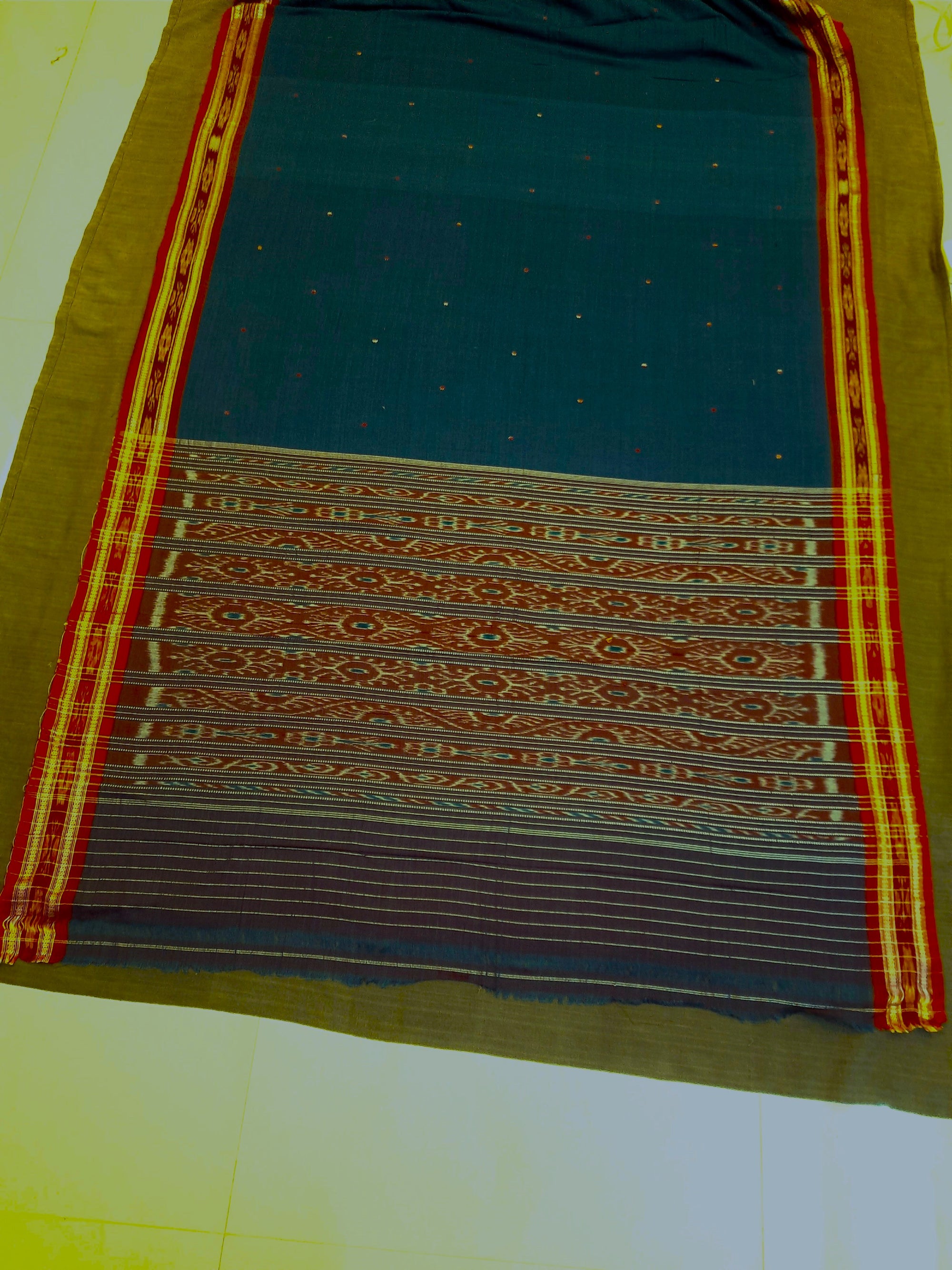 SeaGreen Cotton Odisha Ikat saree with mix match cotton ikat blouse