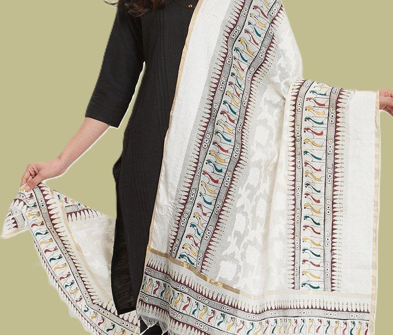 Offwhite Dupatta with handpainted tribal motifs