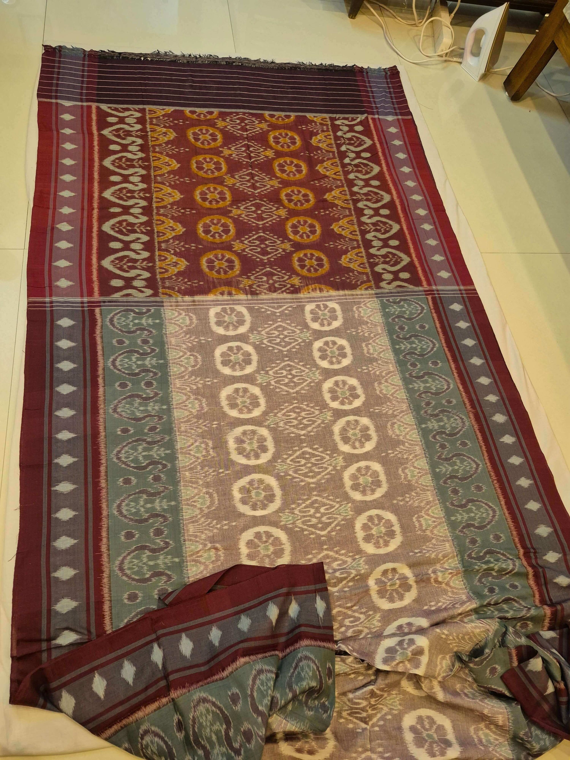 LightBrown Cotton Ikat saree with cotton ikat blouse piece