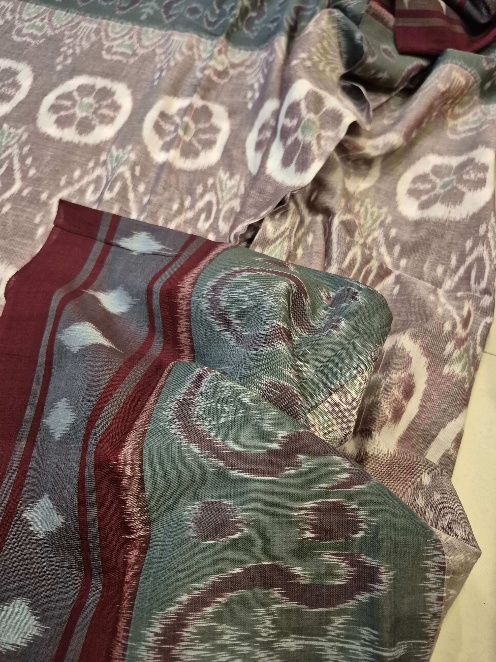 LightBrown Cotton Ikat saree with cotton ikat blouse piece