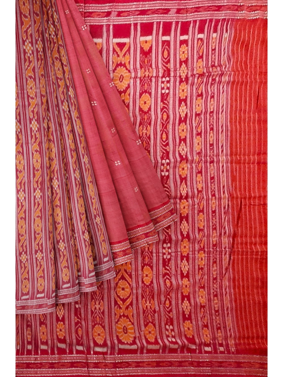 Pink with Red Patli pleats Tussar Silk Odisha Ikat Saree with cotton ikat blouse piece