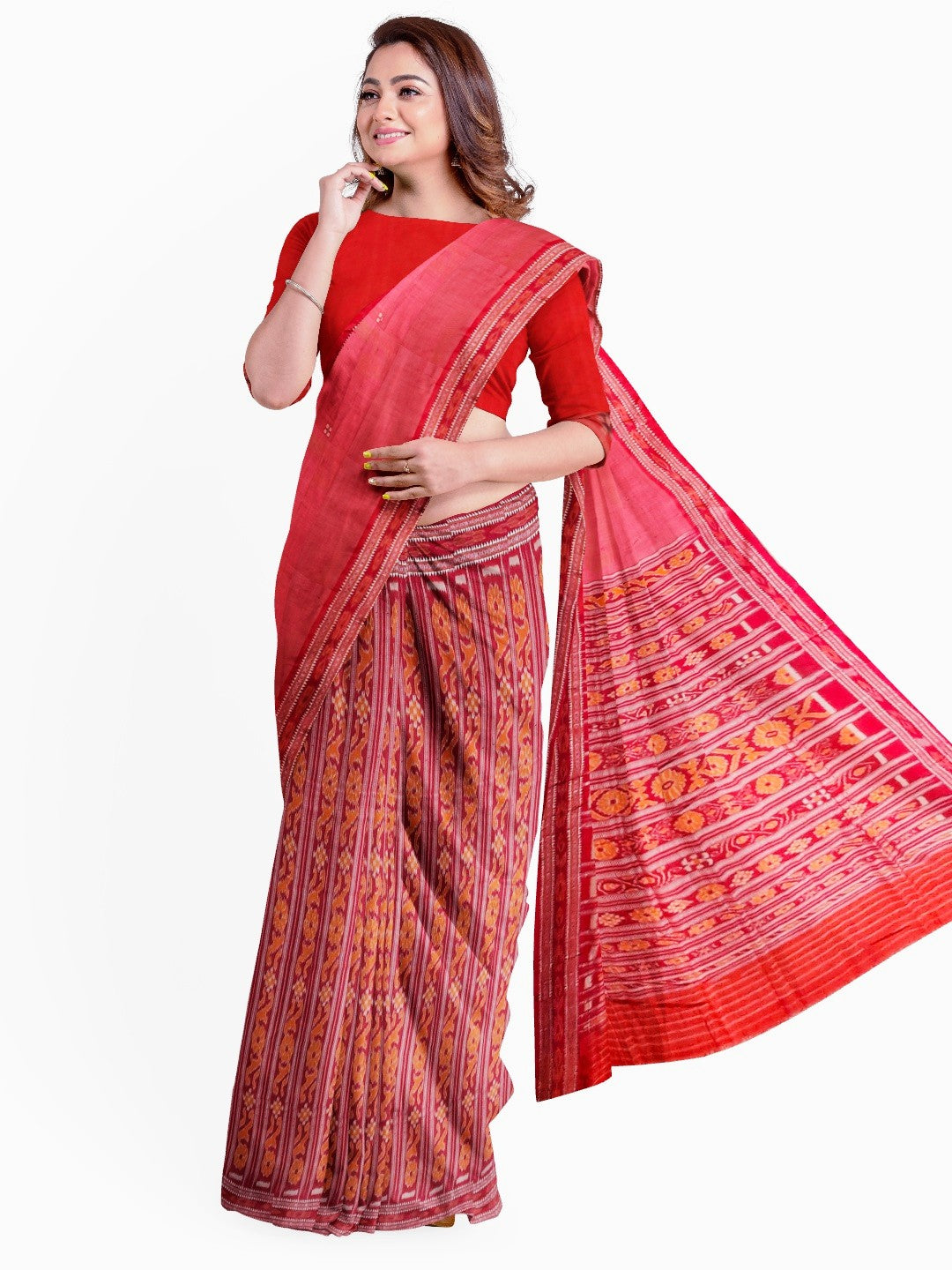 Pink with Red Patli pleats Tussar Silk Odisha Ikat Saree with cotton ikat blouse piece