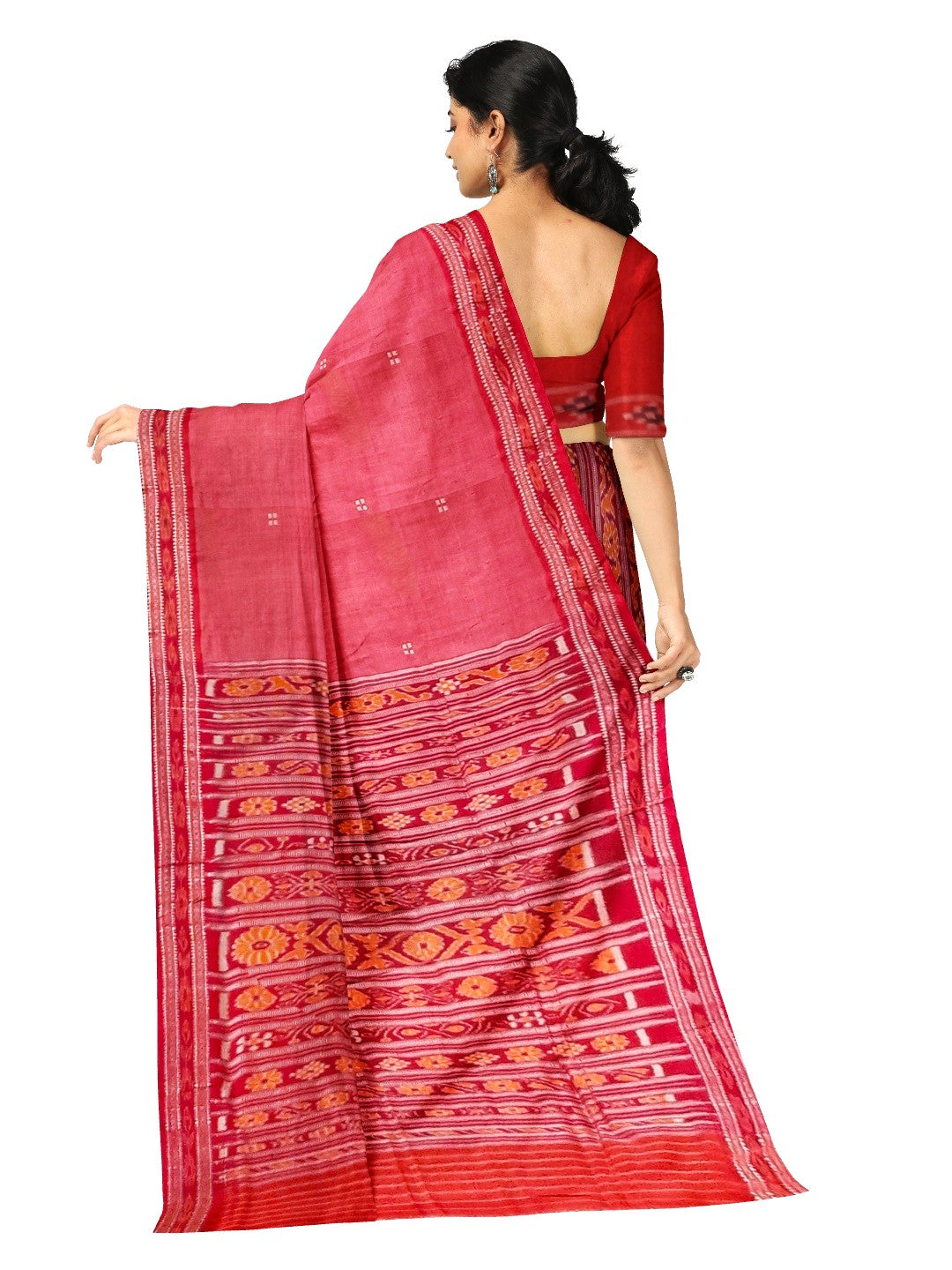Pink with Red Patli pleats Tussar Silk Odisha Ikat Saree with cotton ikat blouse piece