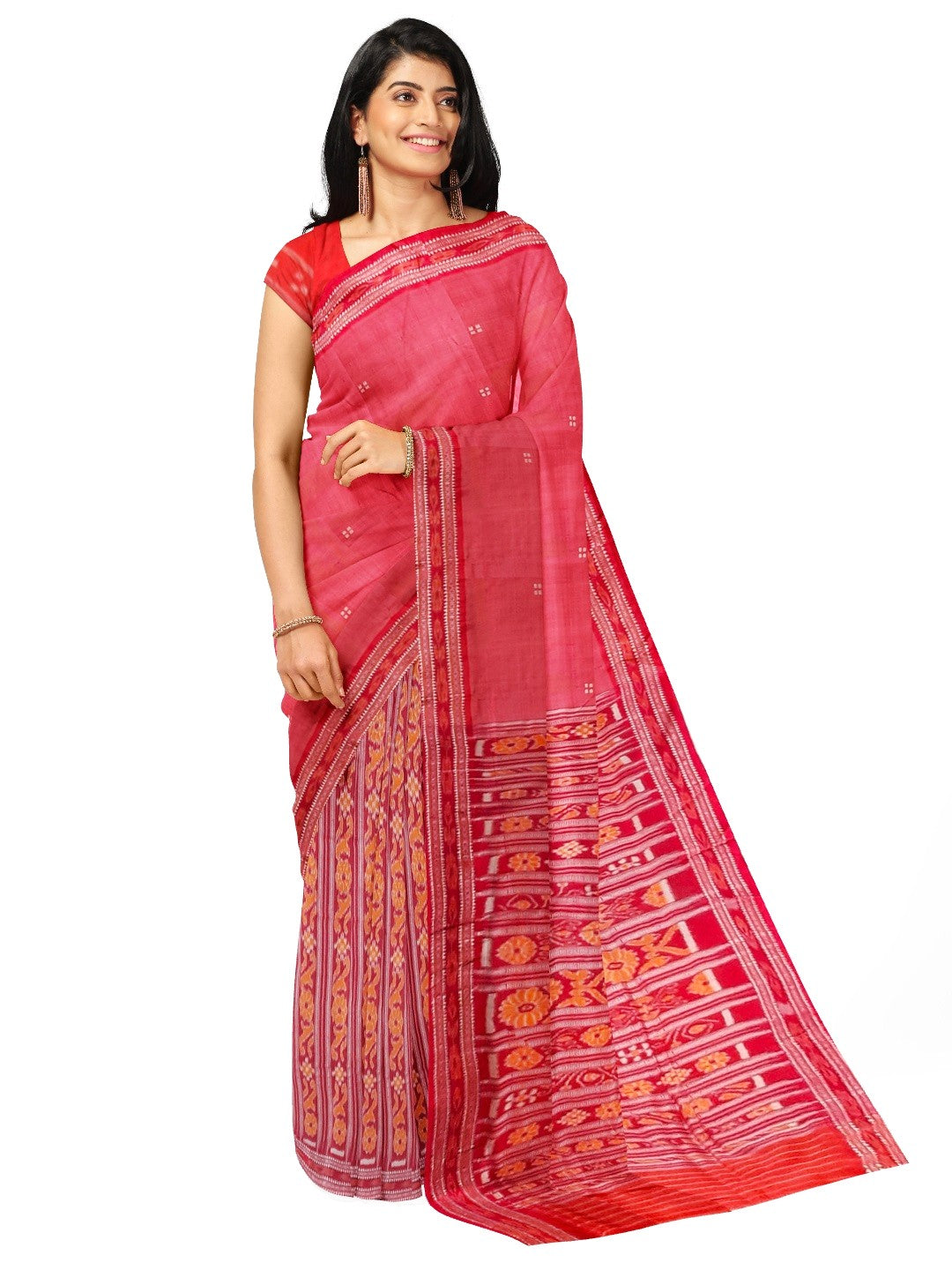 Pink with Red Patli pleats Tussar Silk Odisha Ikat Saree with cotton ikat blouse piece