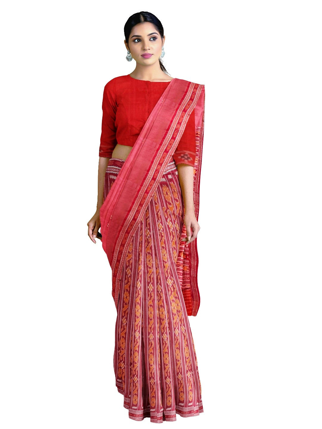 Pink with Red Patli pleats Tussar Silk Odisha Ikat Saree with cotton ikat blouse piece