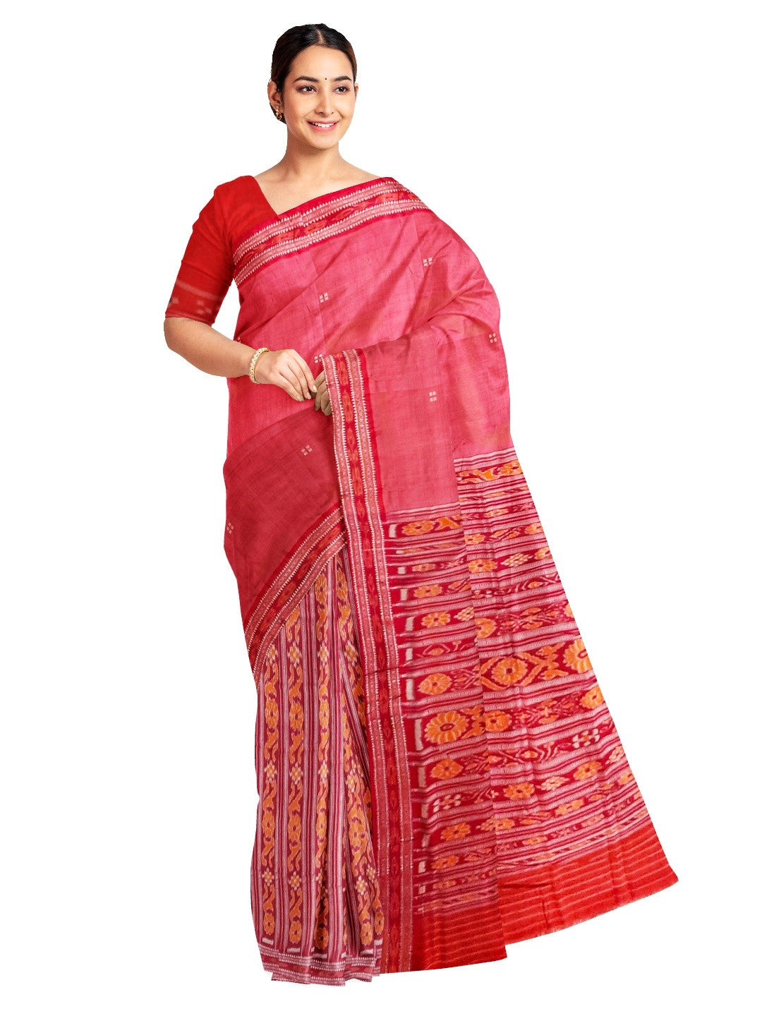 Pink with Red Patli pleats Tussar Silk Odisha Ikat Saree with cotton ikat blouse piece