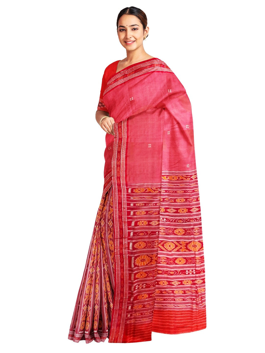 Pink with Red Patli pleats Tussar Silk Odisha Ikat Saree with cotton ikat blouse piece