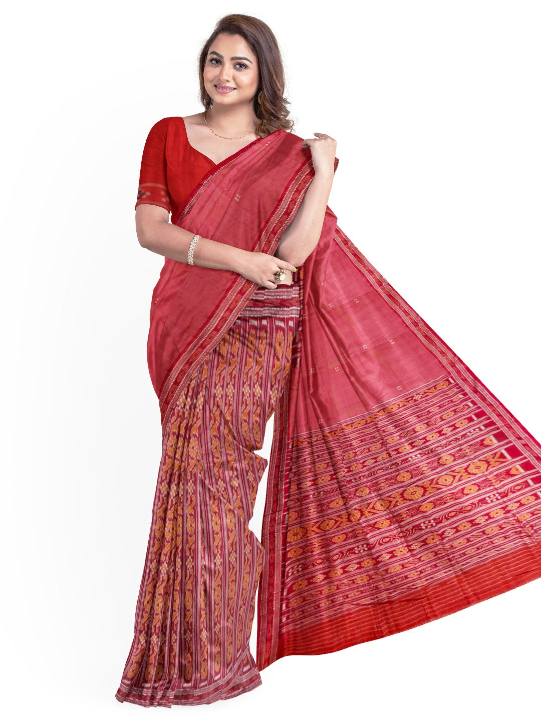 Pink with Red Patli pleats Tussar Silk Odisha Ikat Saree with cotton ikat blouse piece