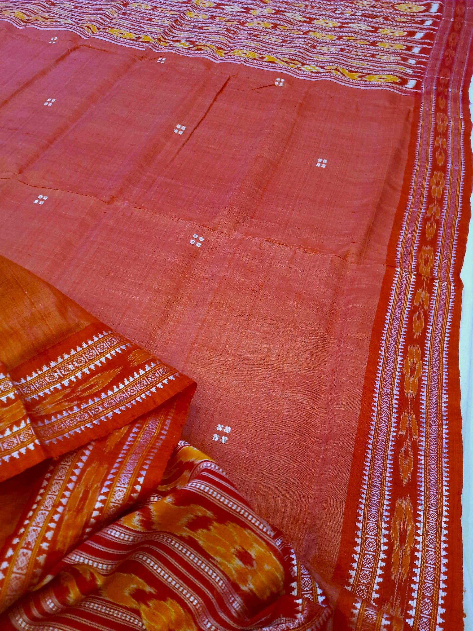 Pink with Red Patli pleats Tussar Silk Odisha Ikat Saree with cotton ikat blouse piece